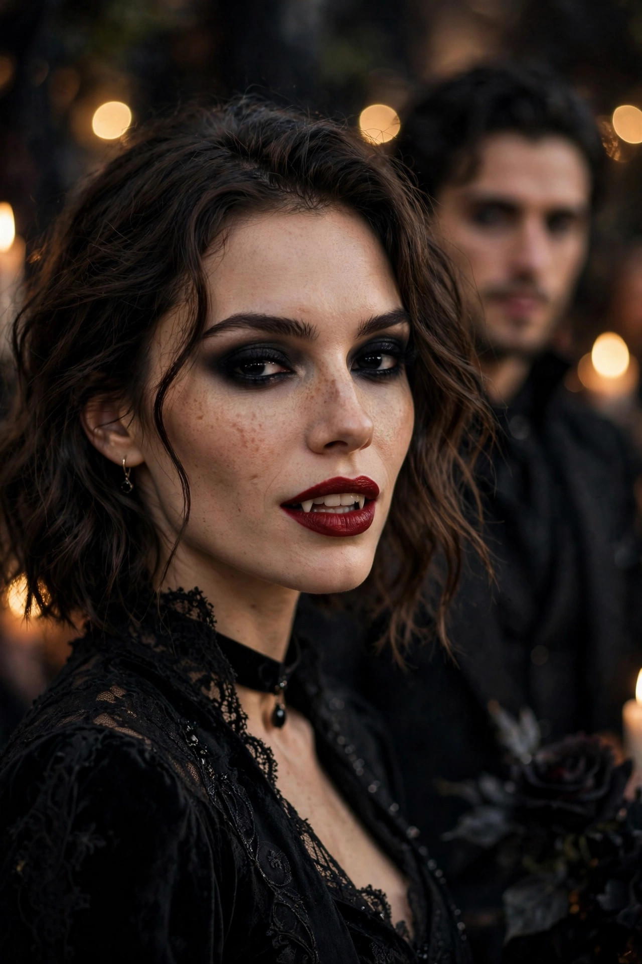 Woman with vampire makeup posing as a matching vampire couple at a party