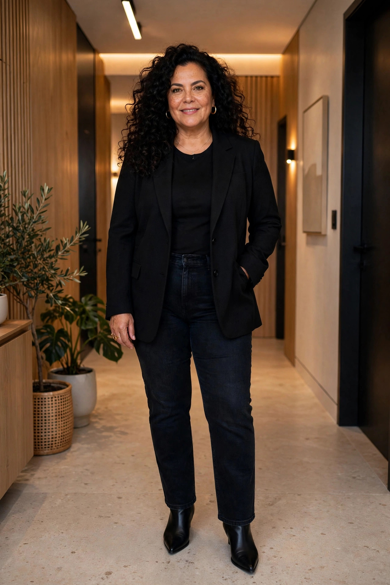 Plus-size woman in a black ponte blazer with dark jeans and pointed boots in a modern hallway