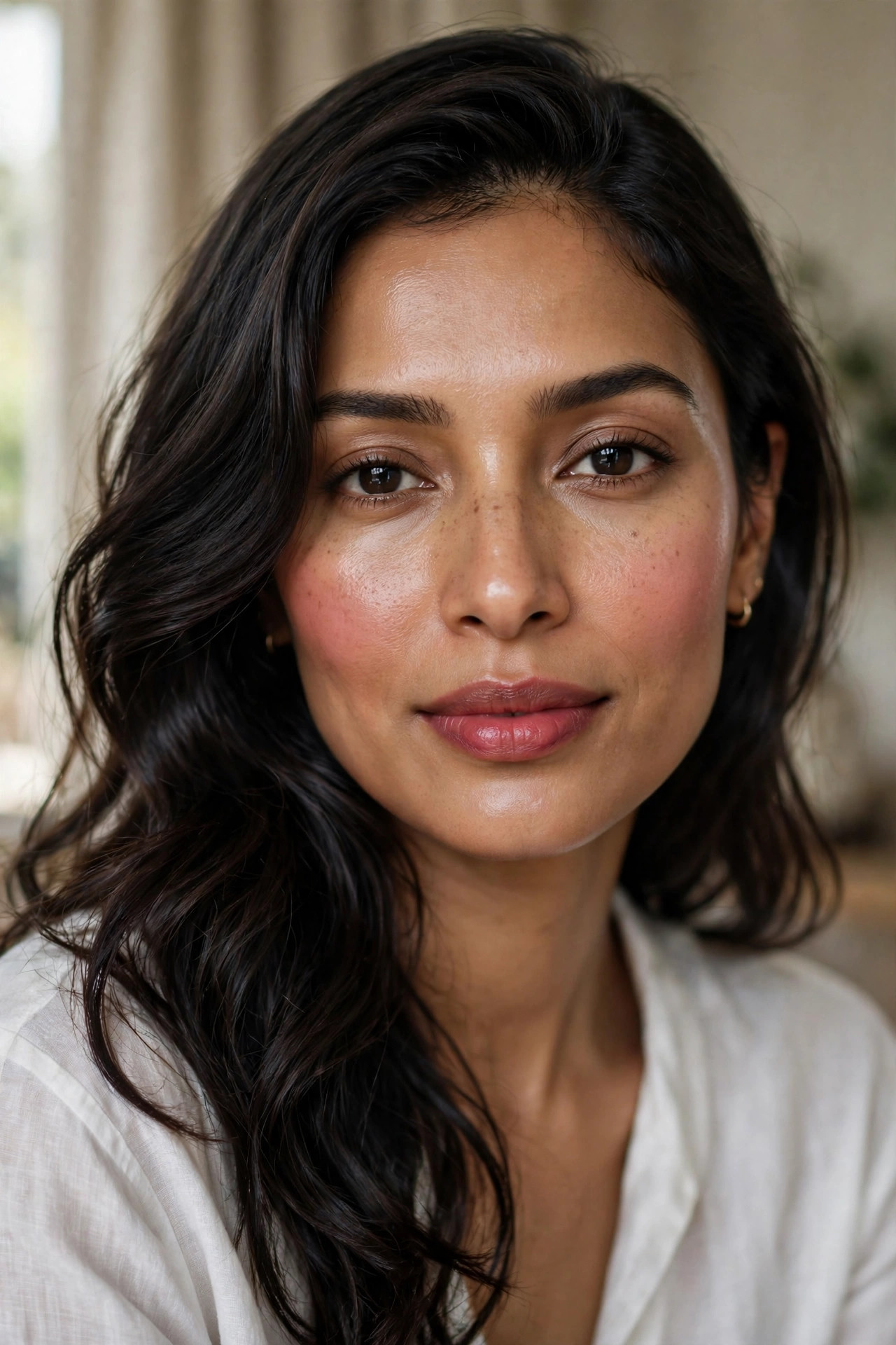 Woman with dewy luminous skin and a soft berry lip stain in soft window light