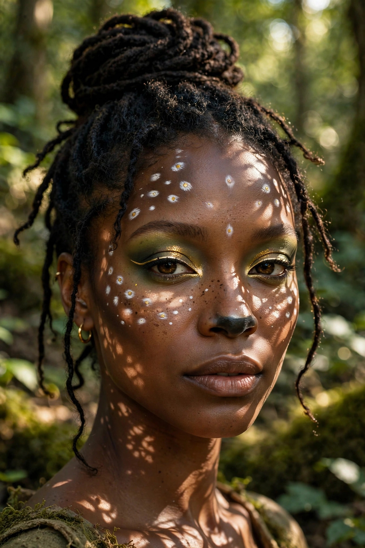 Woman with forest nymph deer makeup, green-gold shimmer eyeshadow and earthy contour