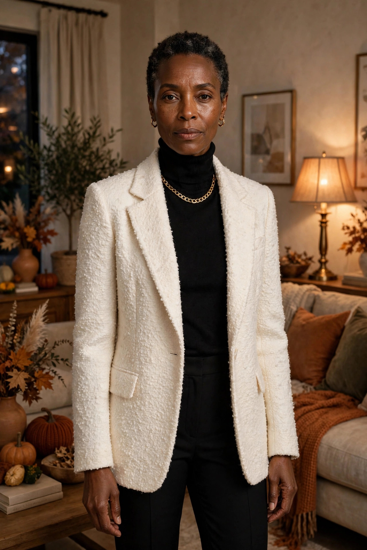 Woman in her mid 50s in an ivory boucle blazer over a black turtleneck in a living room