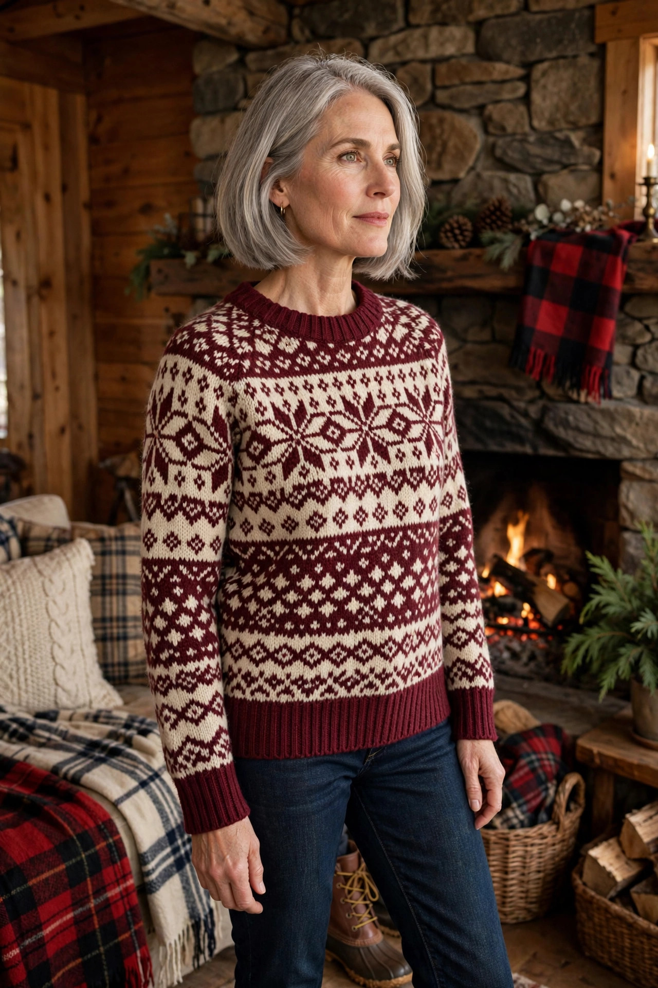 Woman in her 50s wearing a fair isle sweater with dark jeans in a cabin living room