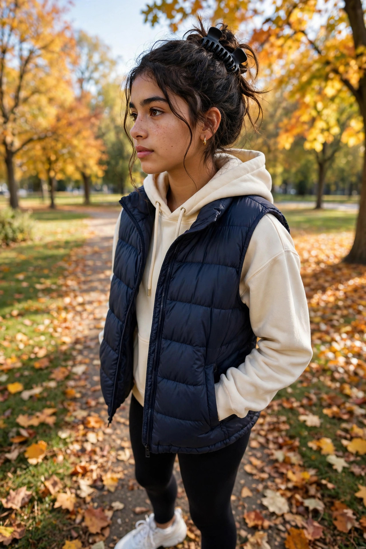 Teen girl in a puffer vest over a hoodie with leggings at a park