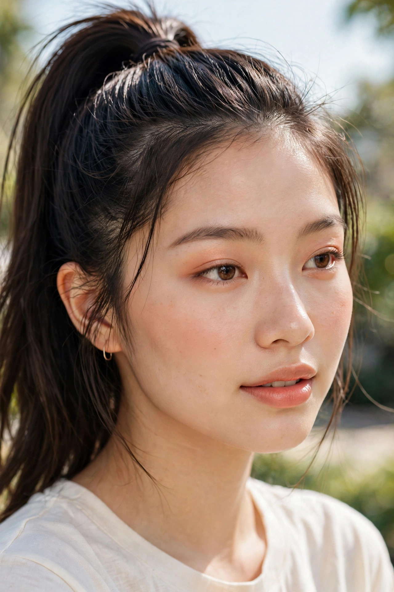 Young Asian-American woman with a ponytail wearing warm peach monochromatic makeup in bright daylight