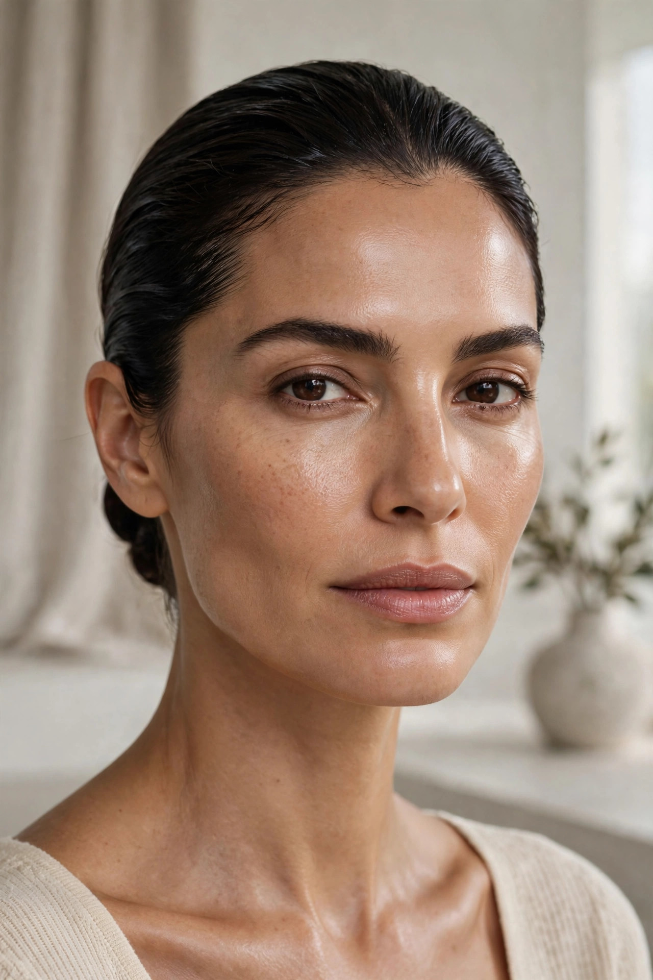 Olive-skinned woman in her late 30s with a sleek slicked-back low bun in a minimalist interior