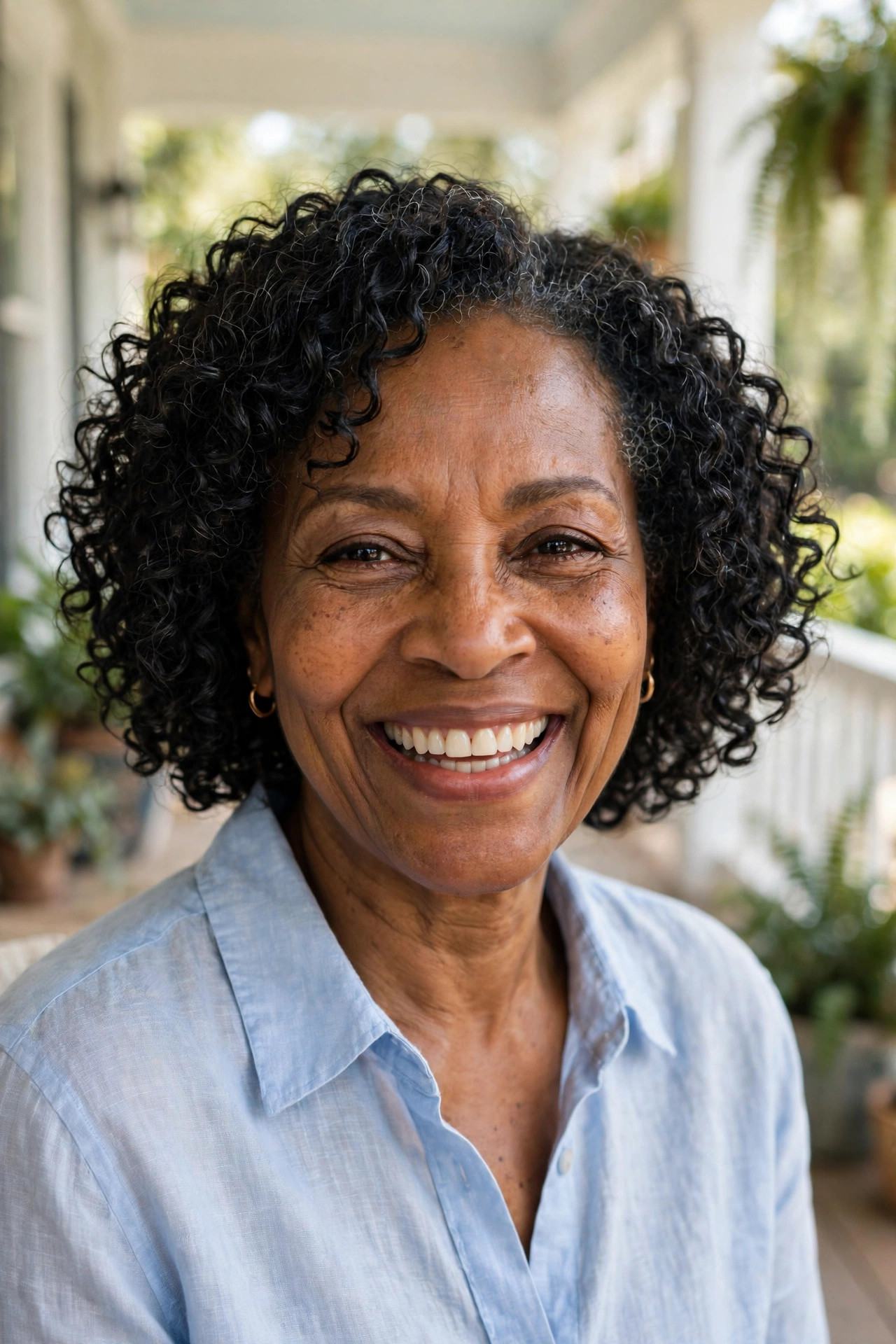 Black woman in her early 60s with a defined natural curly bob on a bright porch