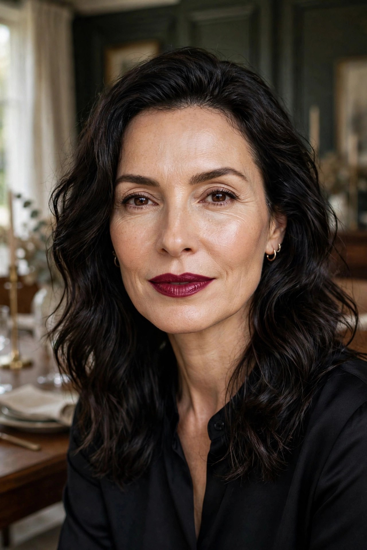 Woman in her late 40s with a deep berry matte lip and glowing skin in a dining room