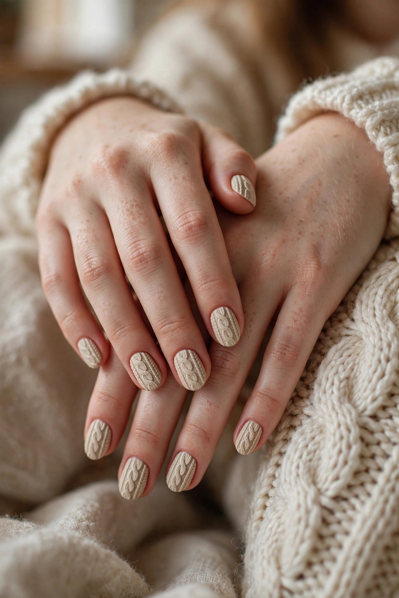 Teen hands with fair skin and short oval nails with cream sweater-knit nail texture
