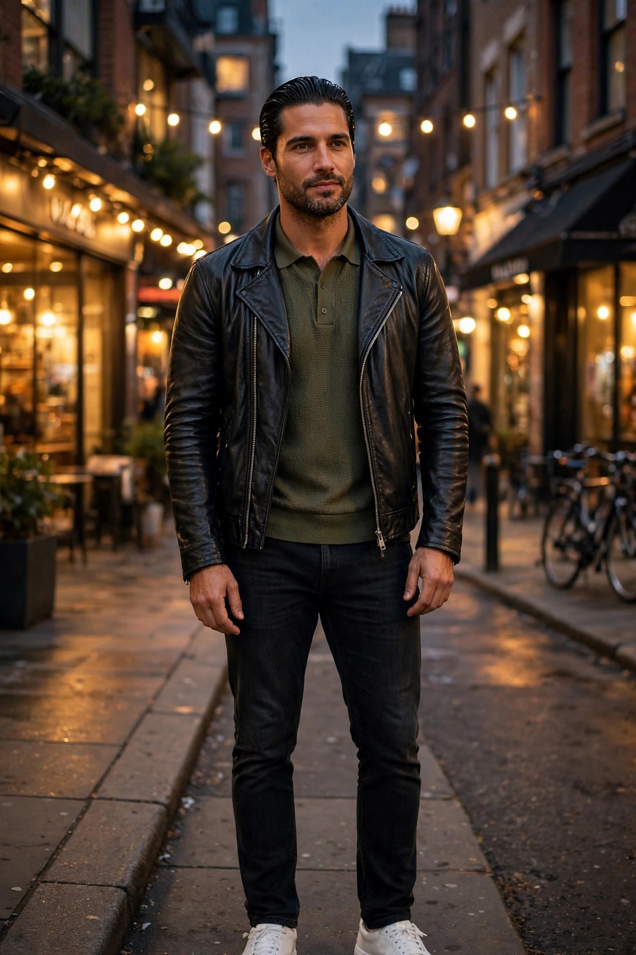 Man in his mid-30s wearing a black leather jacket over a knit polo on a city street at evening