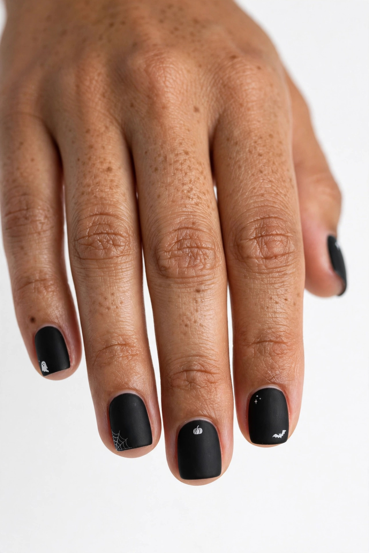 Short square nails with matte black minimalist Halloween manicure