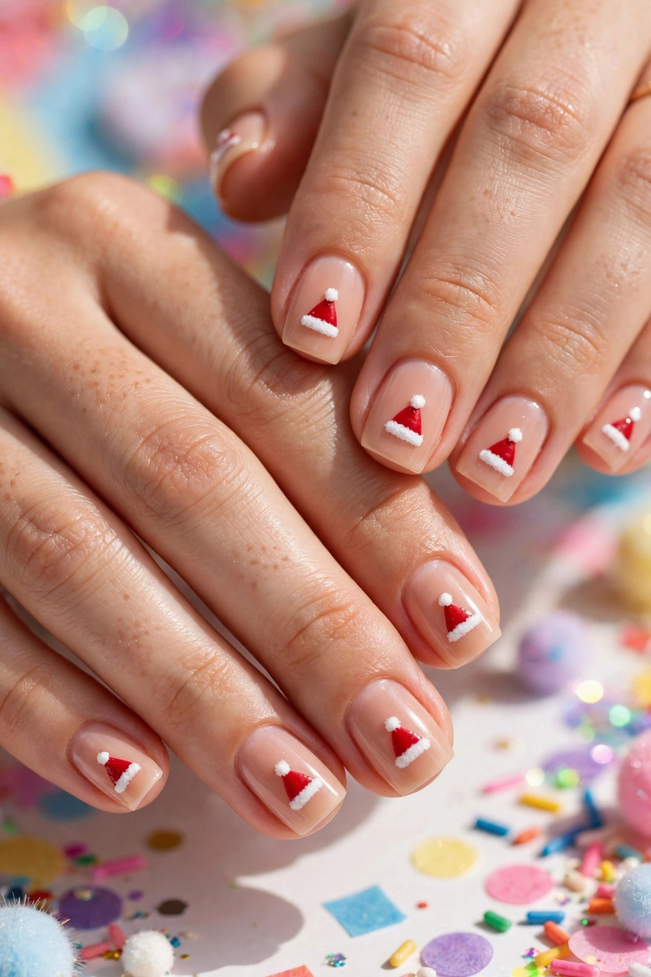 Hands with light skin and short square nails with tiny Santa hat nail art