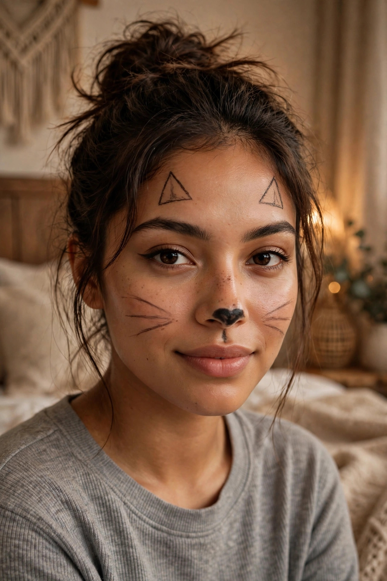 Teen girl with drawn-on cat ears Halloween makeup, liner ears and nose, messy bun