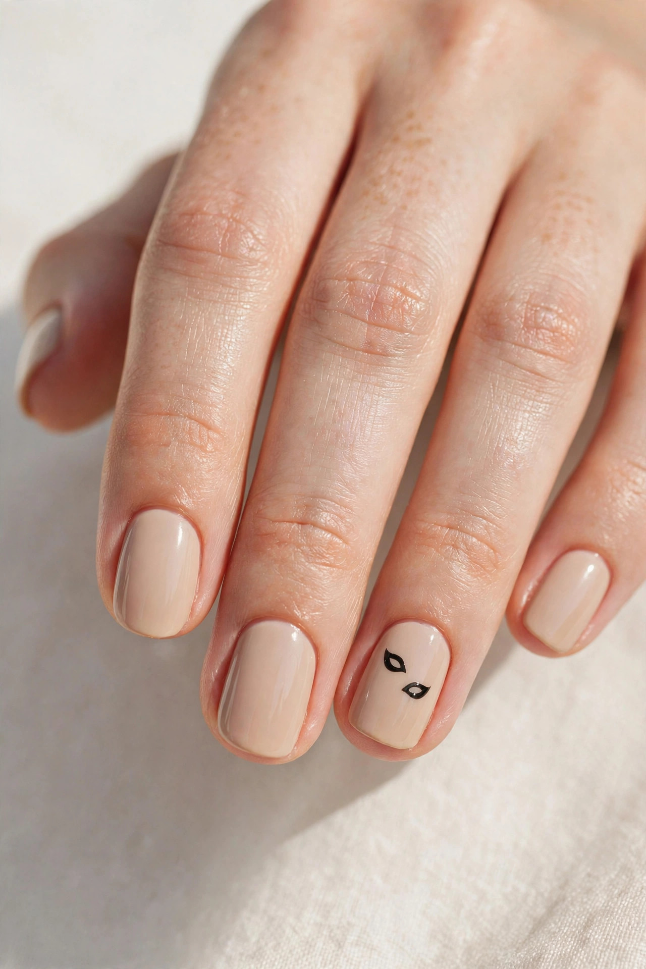 Teen hand with minimalist Ghostface eyes-only nail art