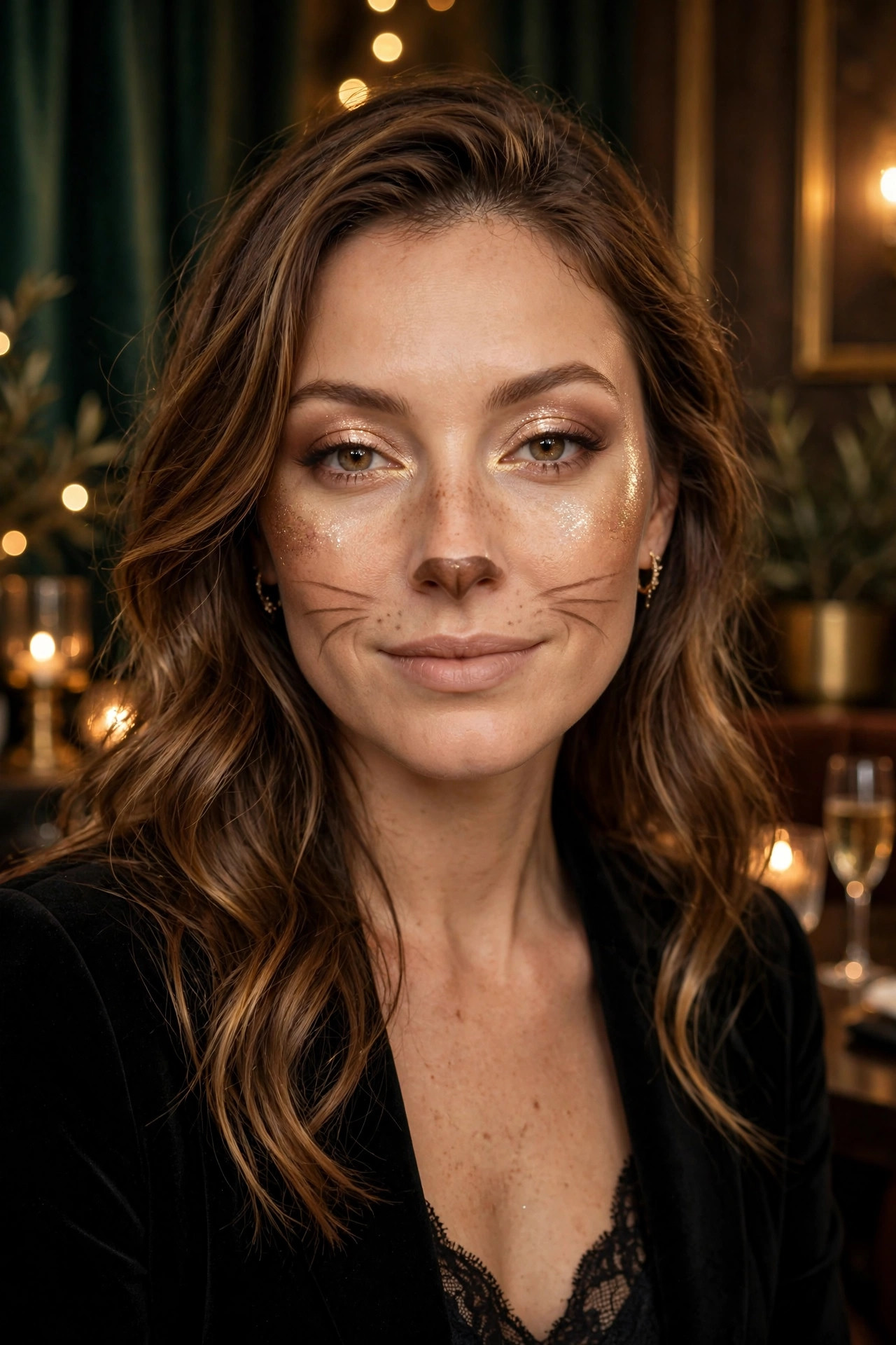 Woman with champagne cat makeup for Halloween party, soft gold glow and delicate whiskers