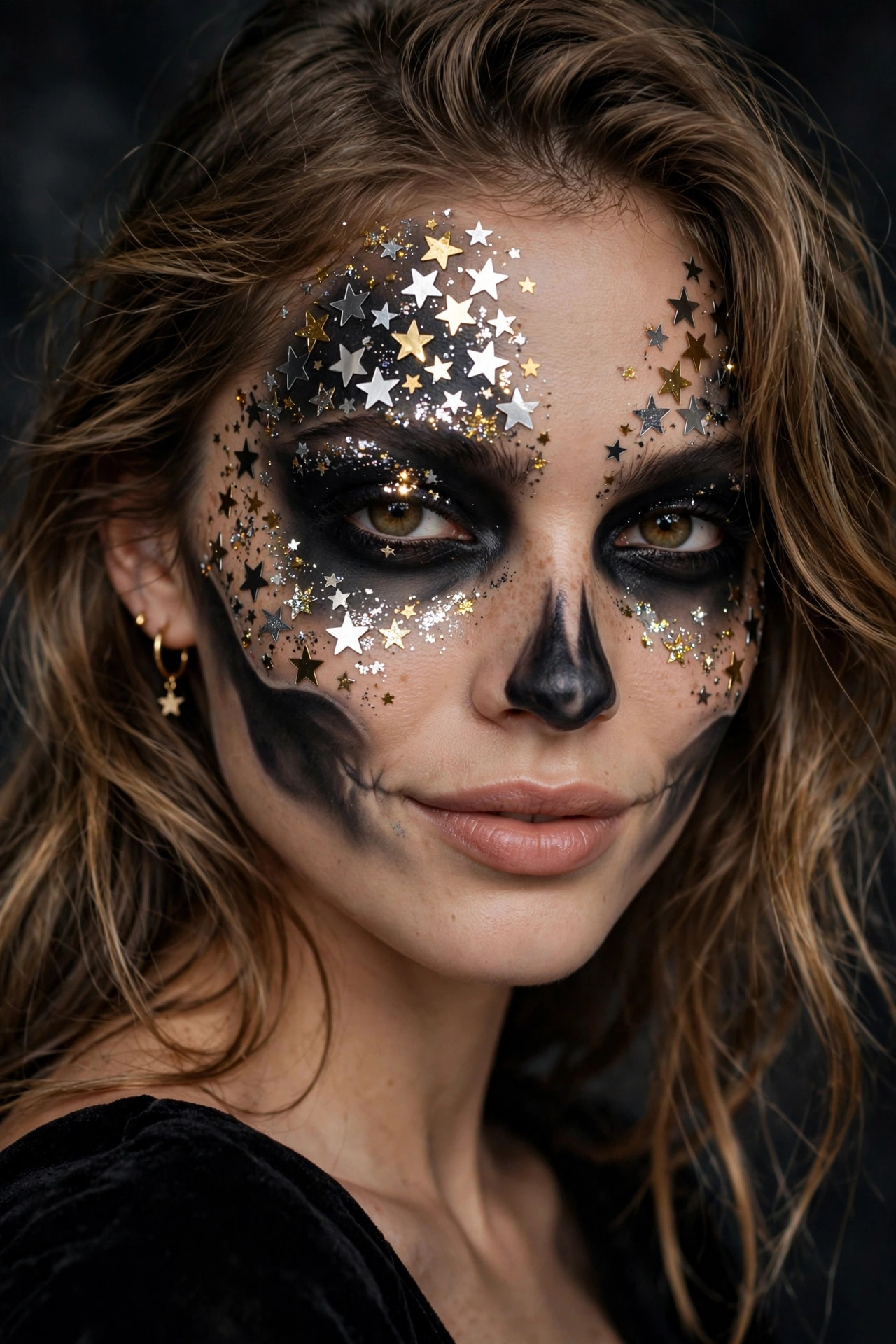 Woman with starry sequin glam skull Halloween makeup