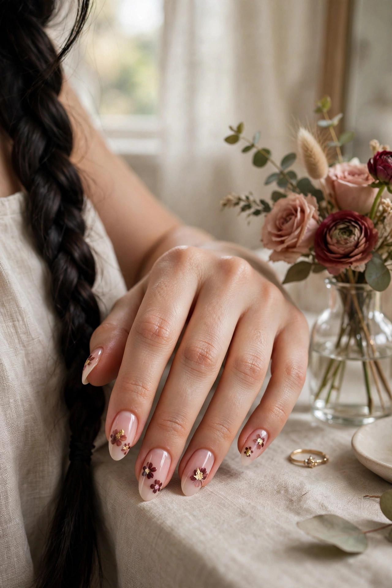 Almond nails with burgundy floral designs on a sheer pink base, gold foil flower centers, hand near a flower vase