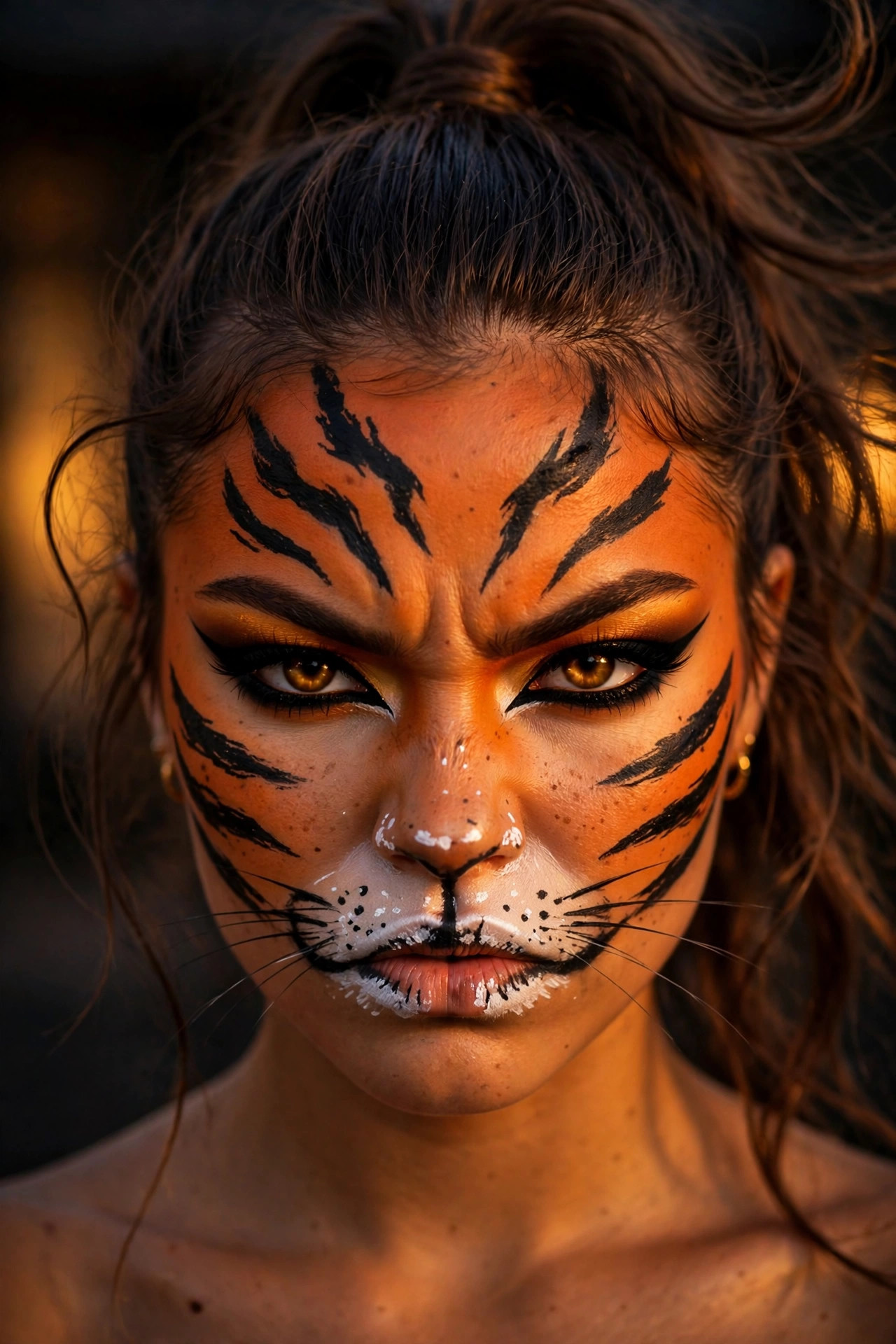 Woman with tiger stripe cat Halloween makeup, orange face paint with black stripes