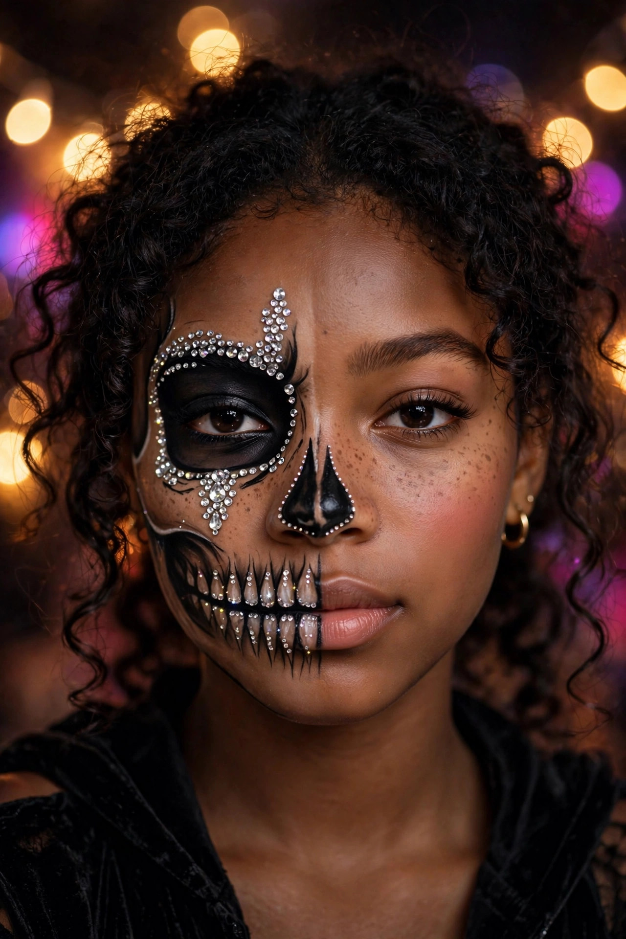 Teen girl with glamorous rhinestone skeleton Halloween makeup, half-face skull with gems