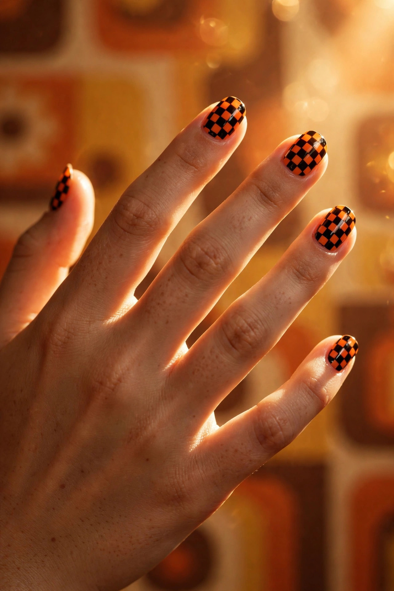 Teen hand with orange and black checkerboard nail art