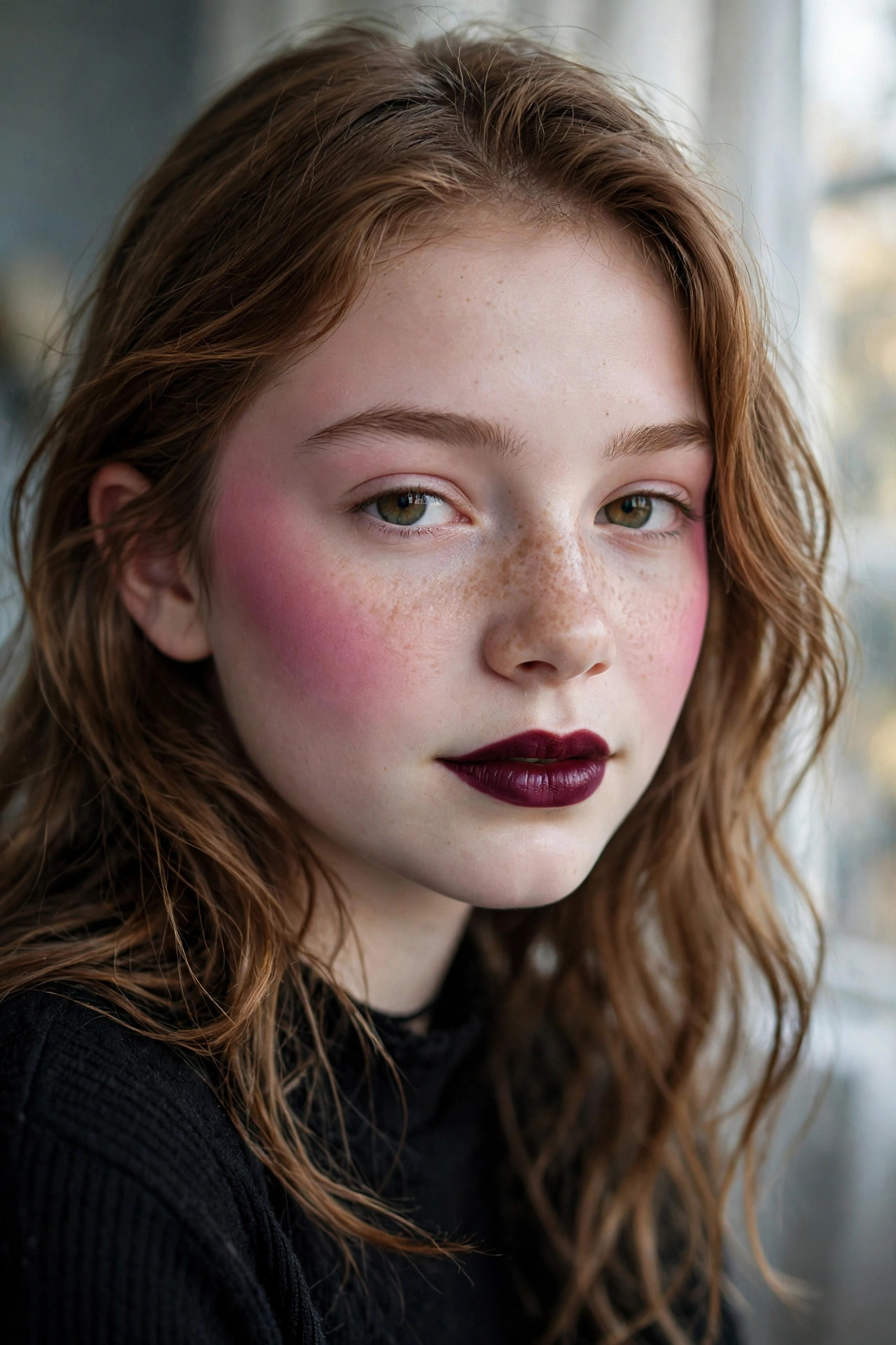Teen with cool pink blush sculpted high on the cheekbones for vampire makeup