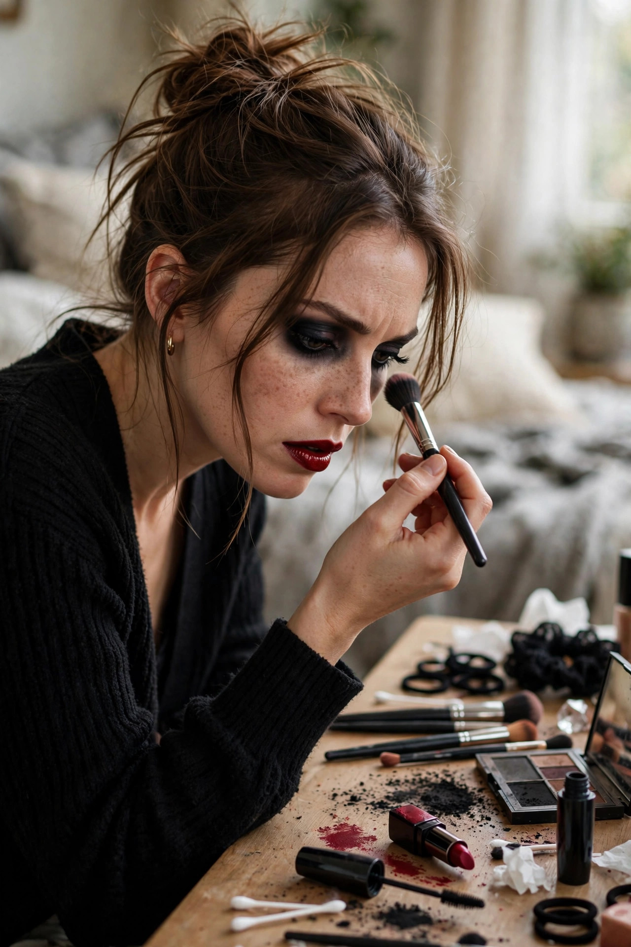 Woman doing a quick 15-minute vampire makeup look at her vanity before a party