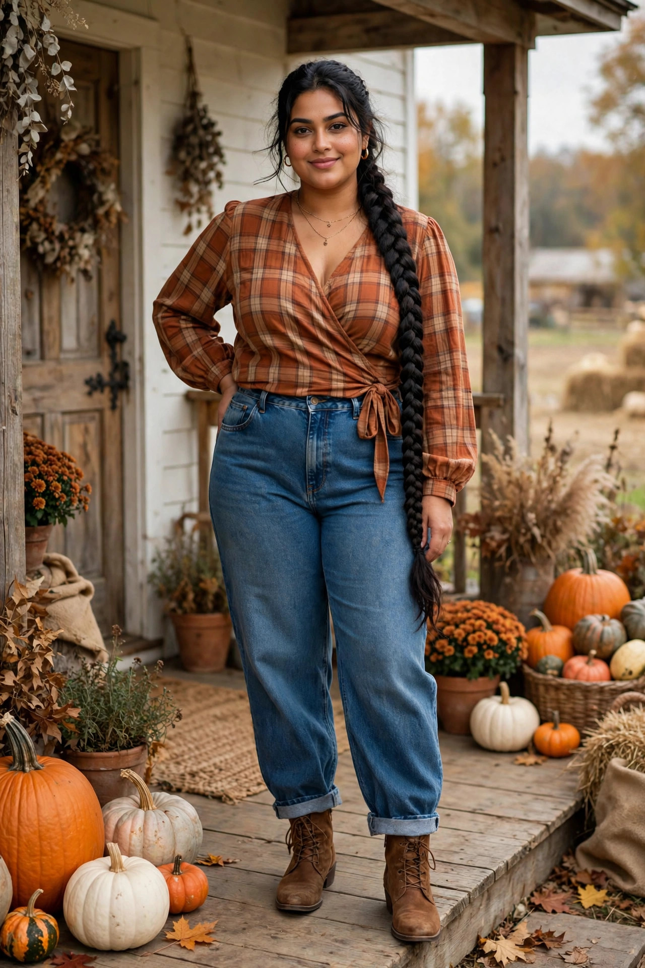 Young plus-size woman in a plaid wrap blouse and barrel-leg jeans with ankle boots on a farmhouse porch