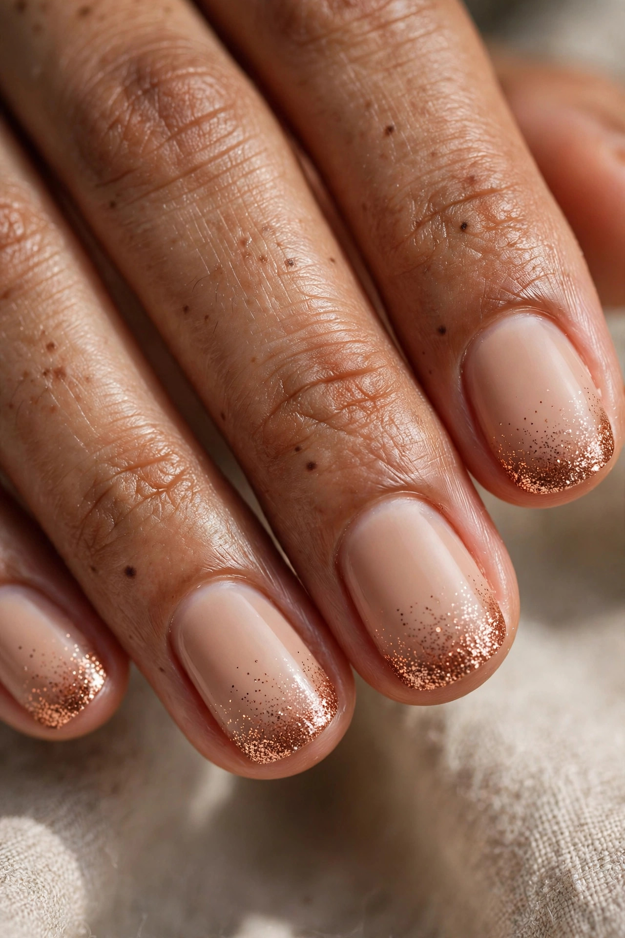 Short nails with a copper glitter gradient fading from the tip