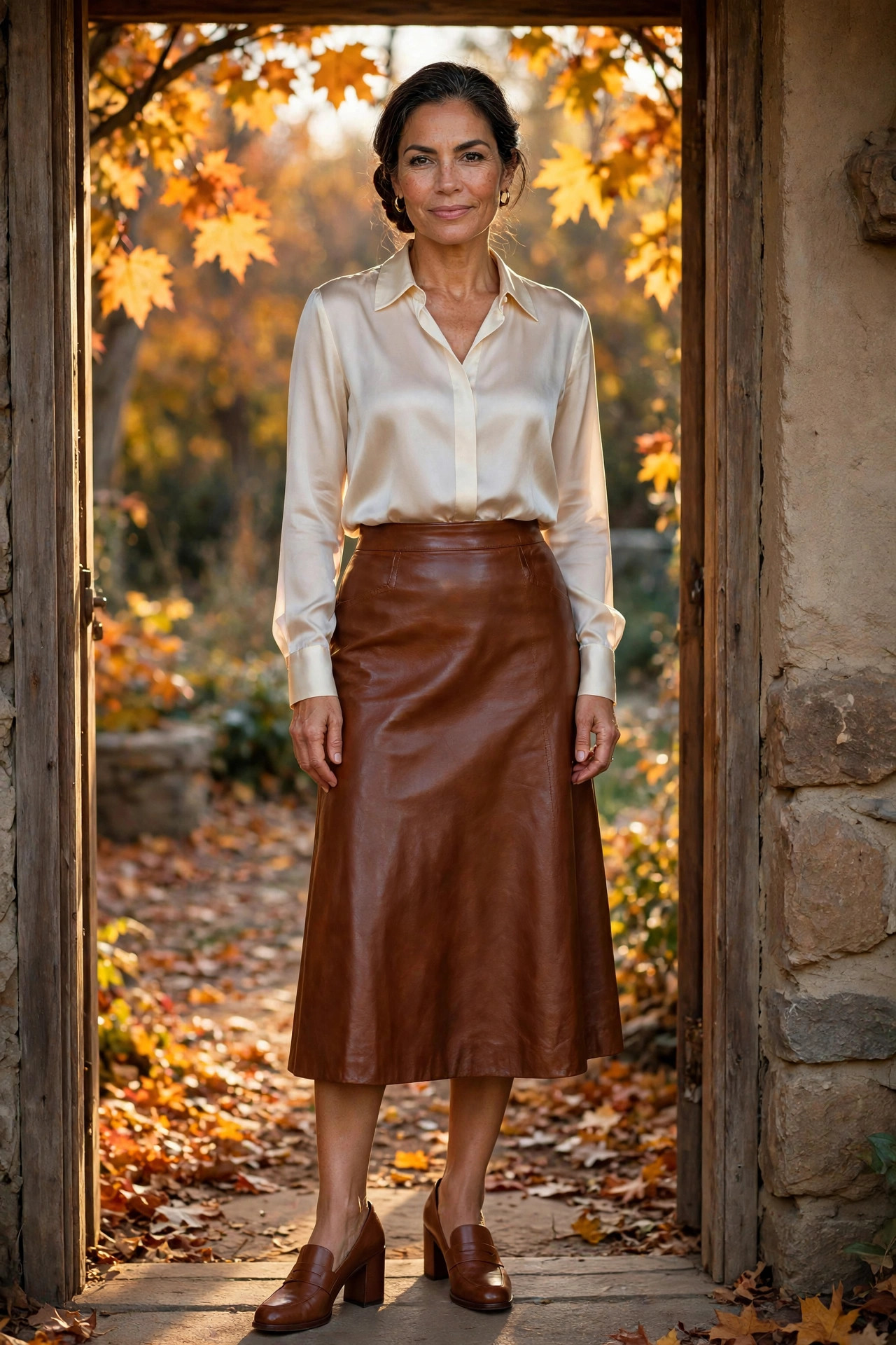 Woman in her late 40s wearing a cognac leather midi skirt with a cream silk blouse
