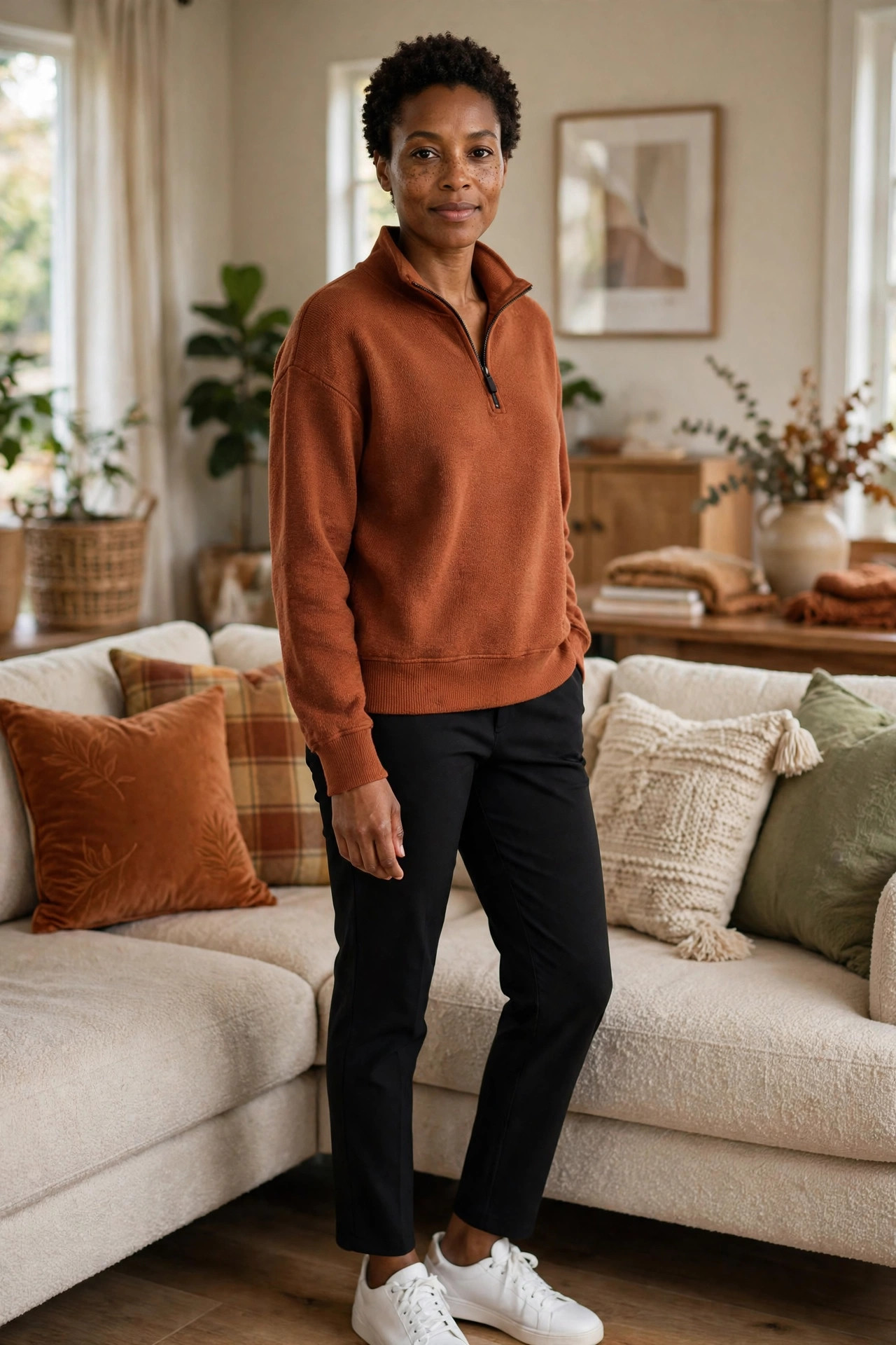 Woman in a half-zip sweater with ponte pants in a family room