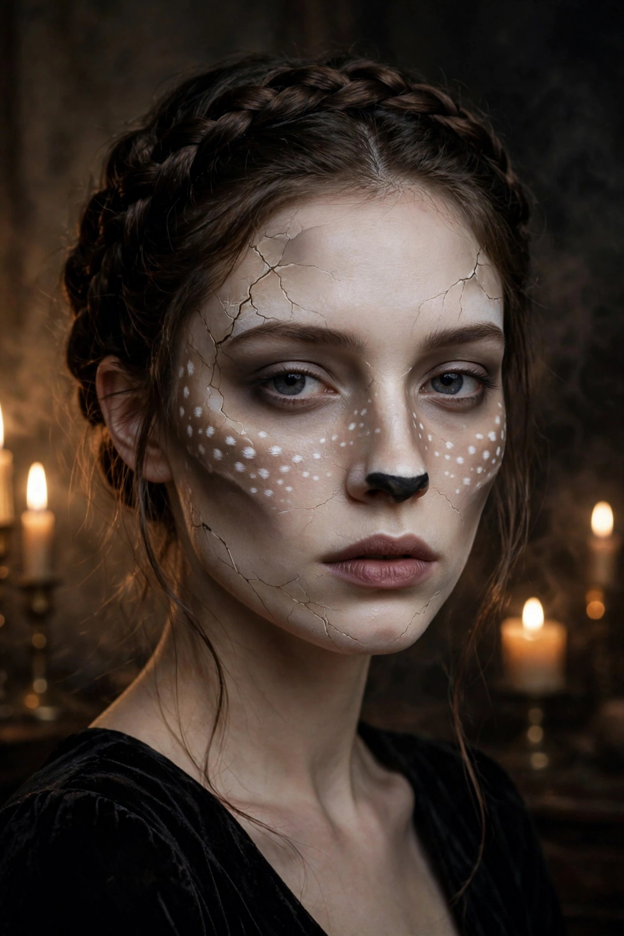 Woman with haunted porcelain deer makeup, pale base and fine cracked details