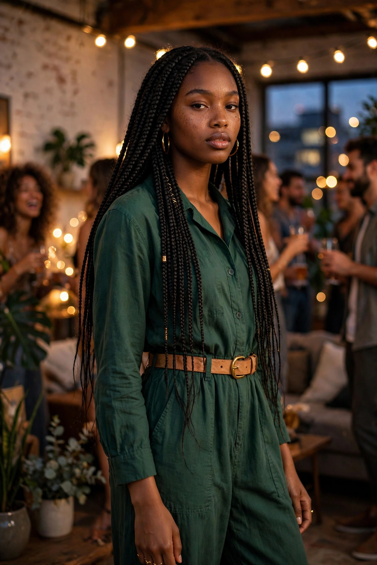 Young woman in a wide-leg jumpsuit with a belt at a loft party