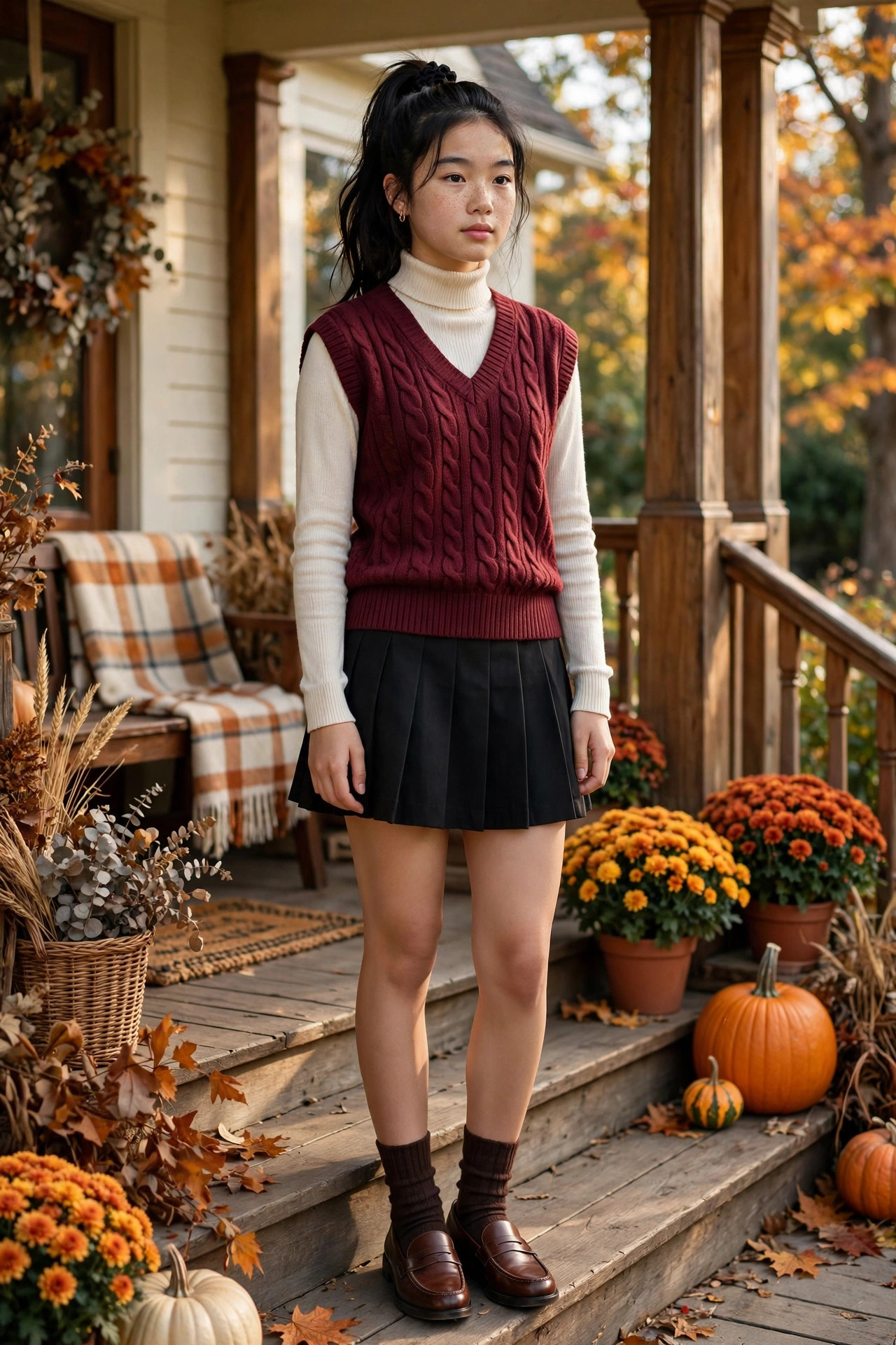 Teen girl in a knit vest over a turtleneck with a pleated skirt on a porch