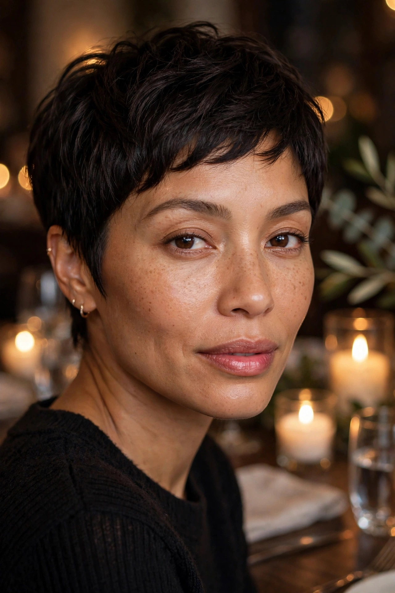 Woman in her mid 30s with a short pixie cut wearing a sheer cranberry lip stain at a candlelit dinner table