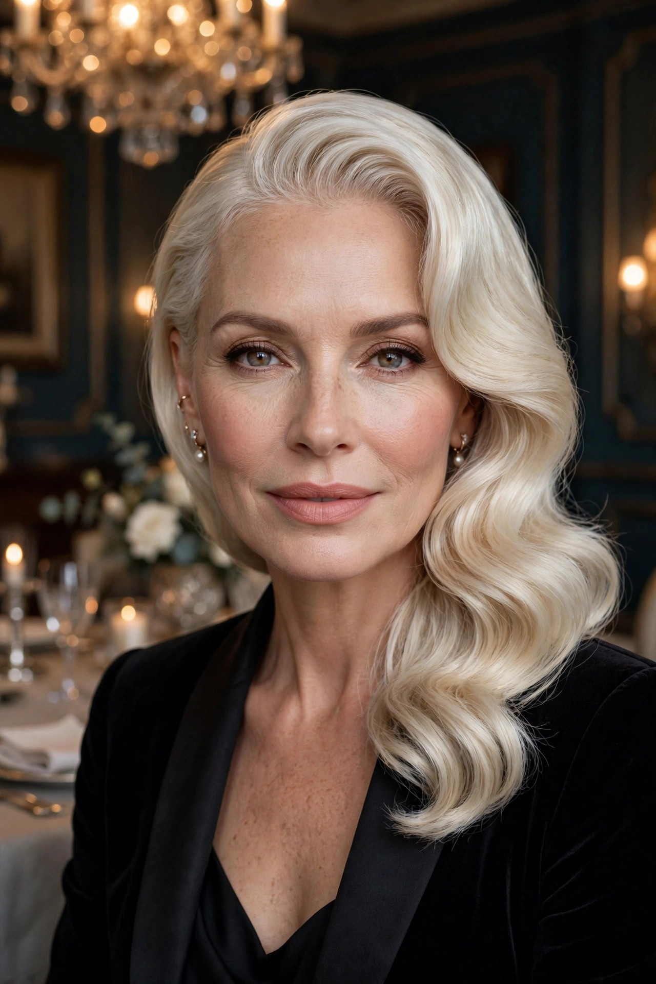 Woman in her mid 40s with platinum blonde side-swept Hollywood waves in a formal dining room