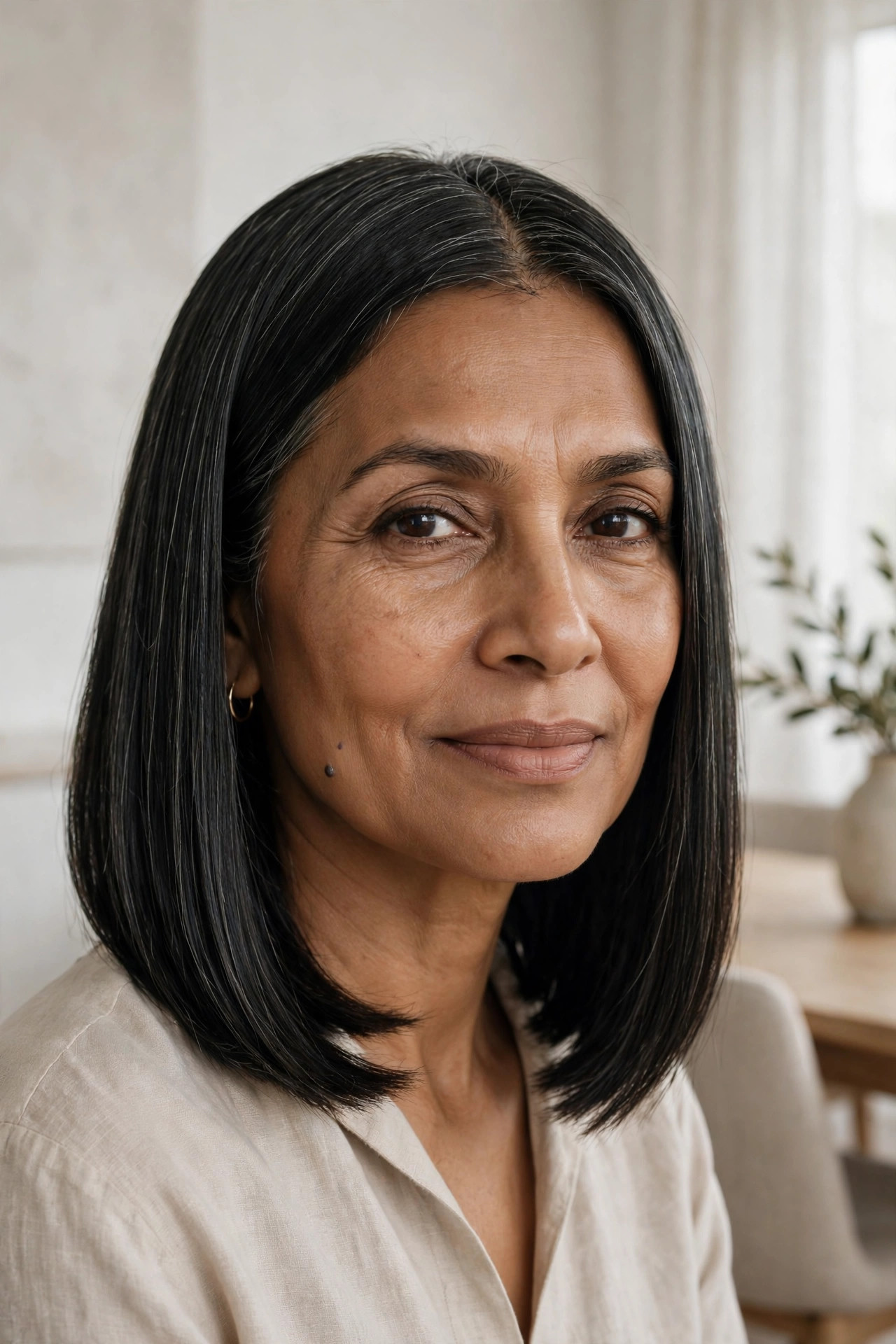 South Asian woman in her mid 50s with a sleek blunt-cut lob at the collarbone in a minimalist dining room