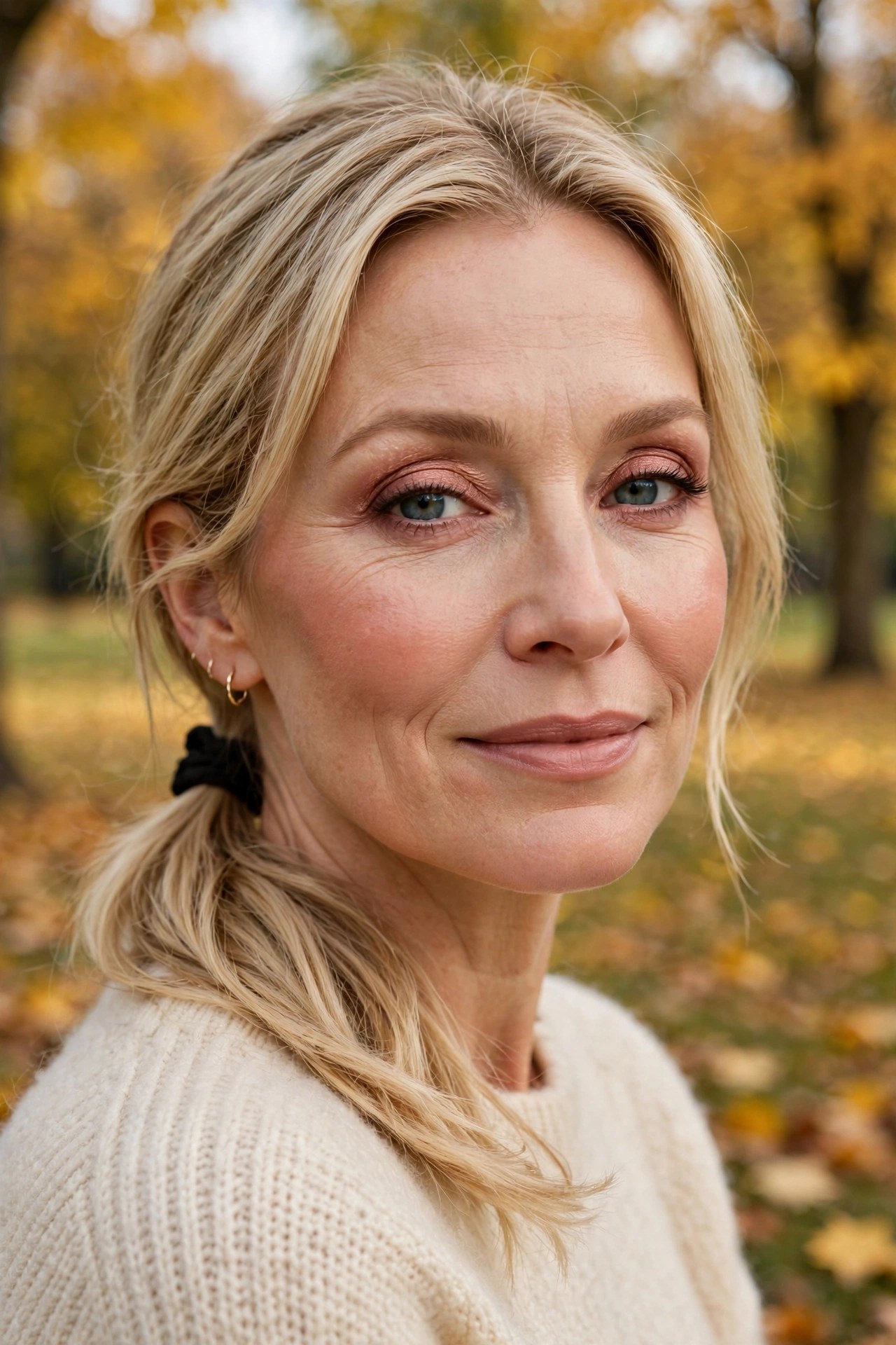 Blonde woman in her mid-40s with a soft rosy makeup look in an autumn park