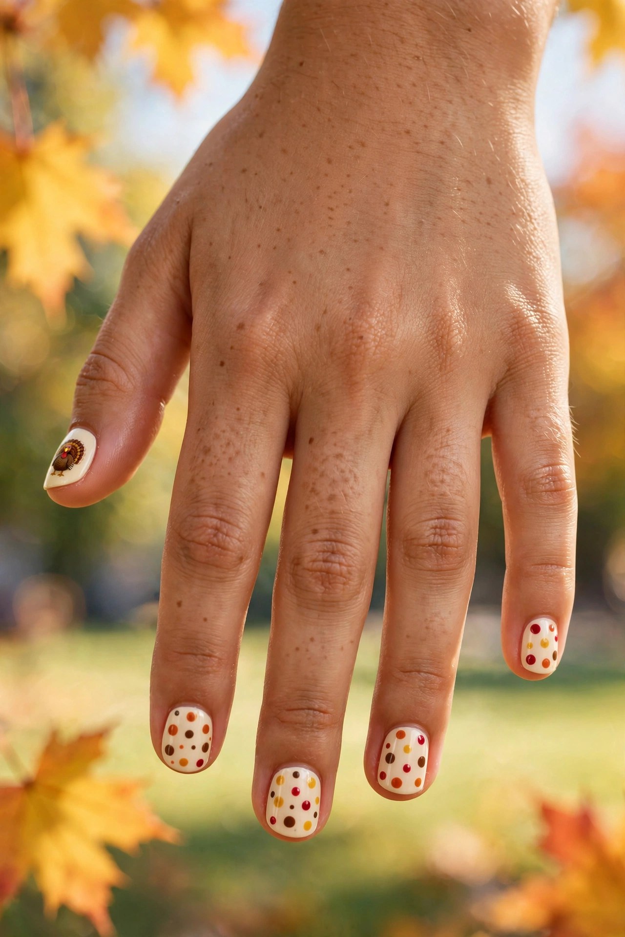 Teen hands with medium tan skin and round nails with colorful polka dot nail art