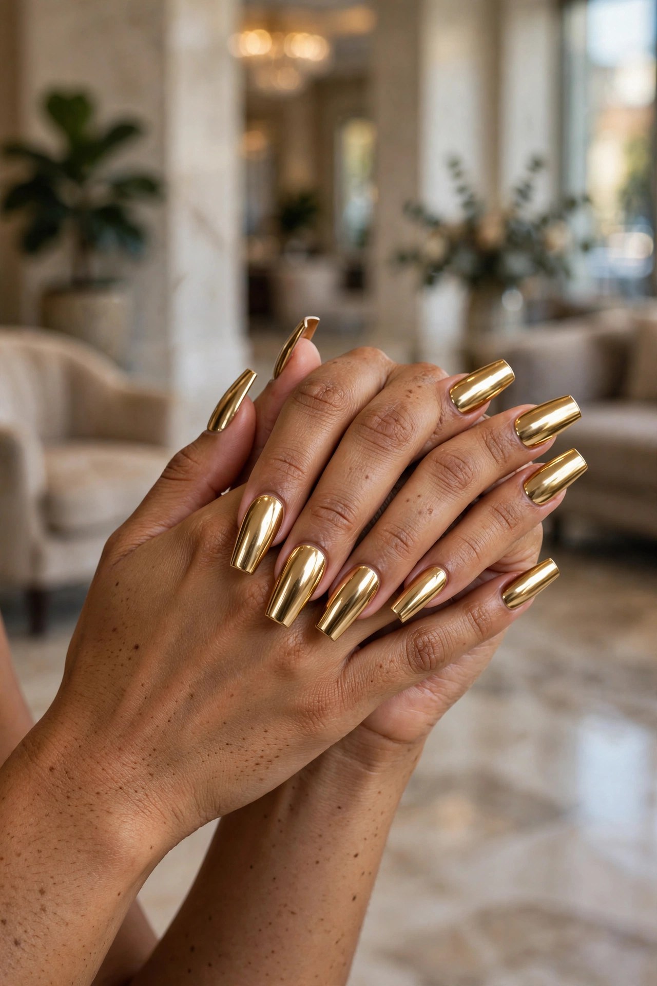 Hands with medium brown skin and coffin nails with mirror gold chrome nail polish