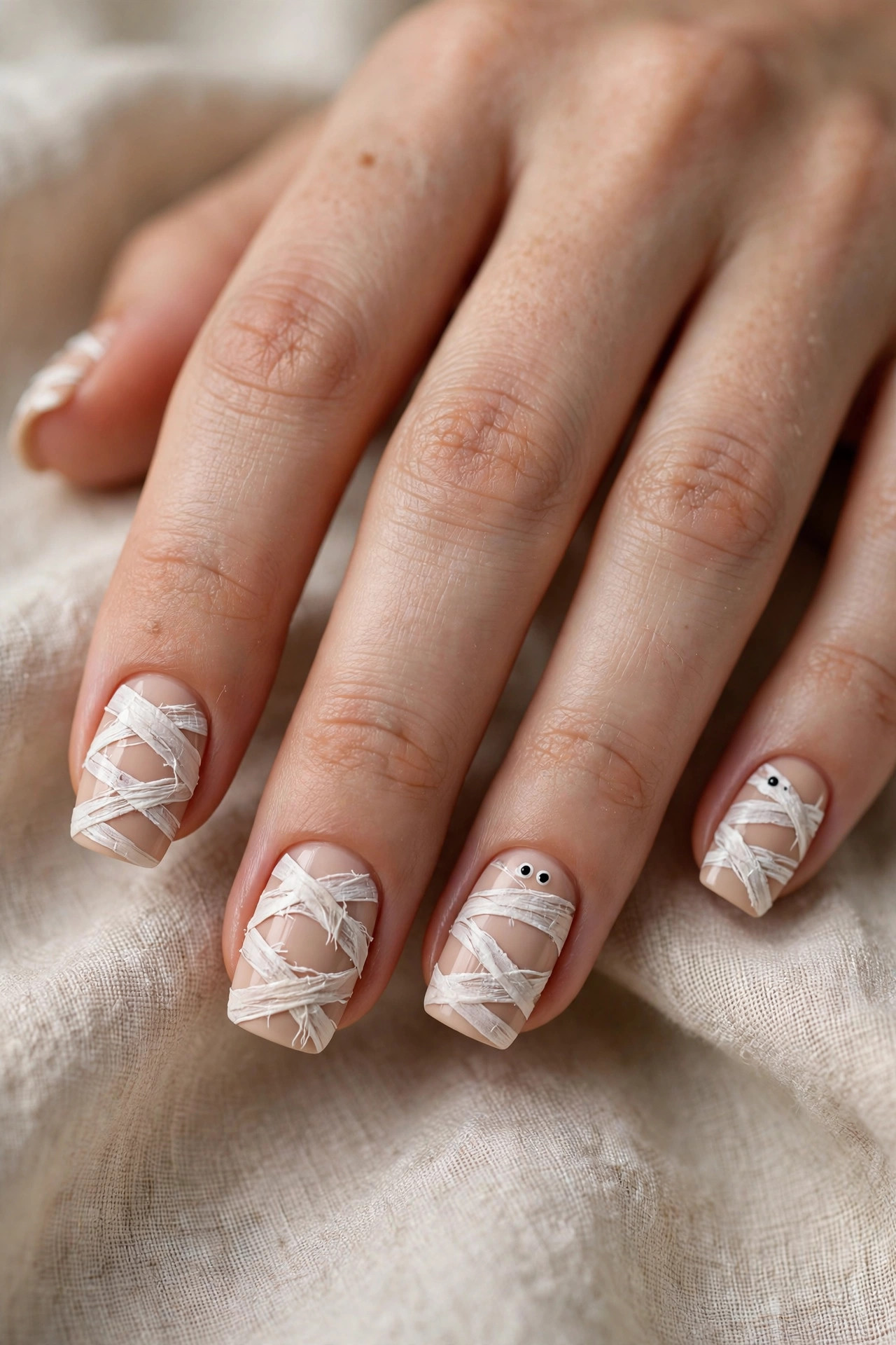 Squoval nails with mummy wrap nail art, white lines over nude base