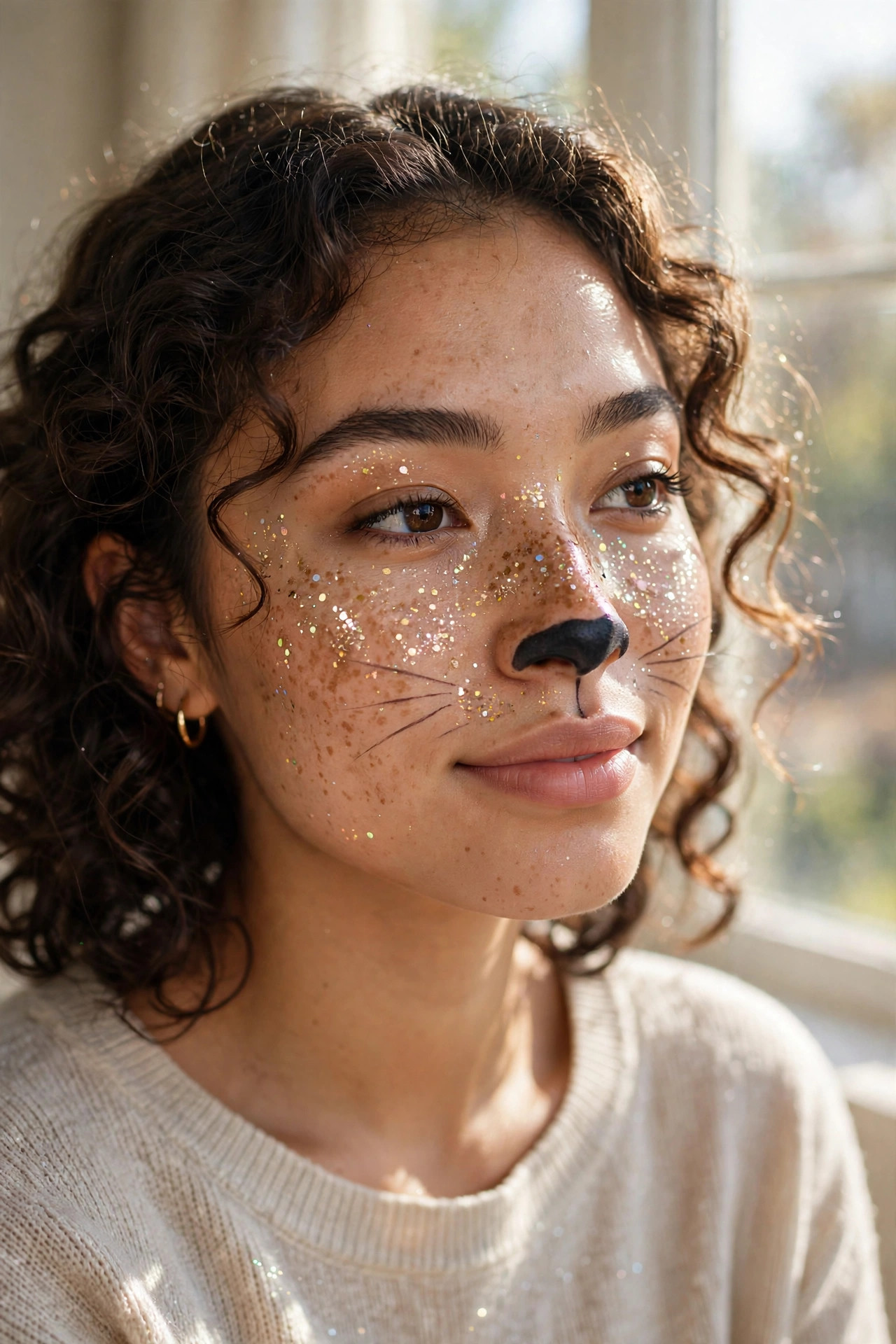 Teen girl with glitter freckle cat Halloween makeup, sparkly freckles and black nose