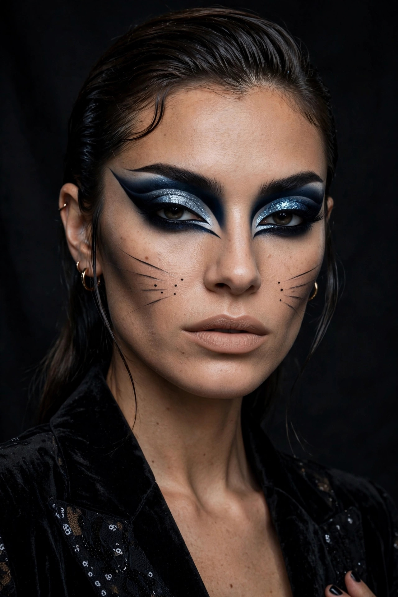 Woman with midnight cut-crease cat makeup for Halloween party, dramatic cut crease and sharp wing