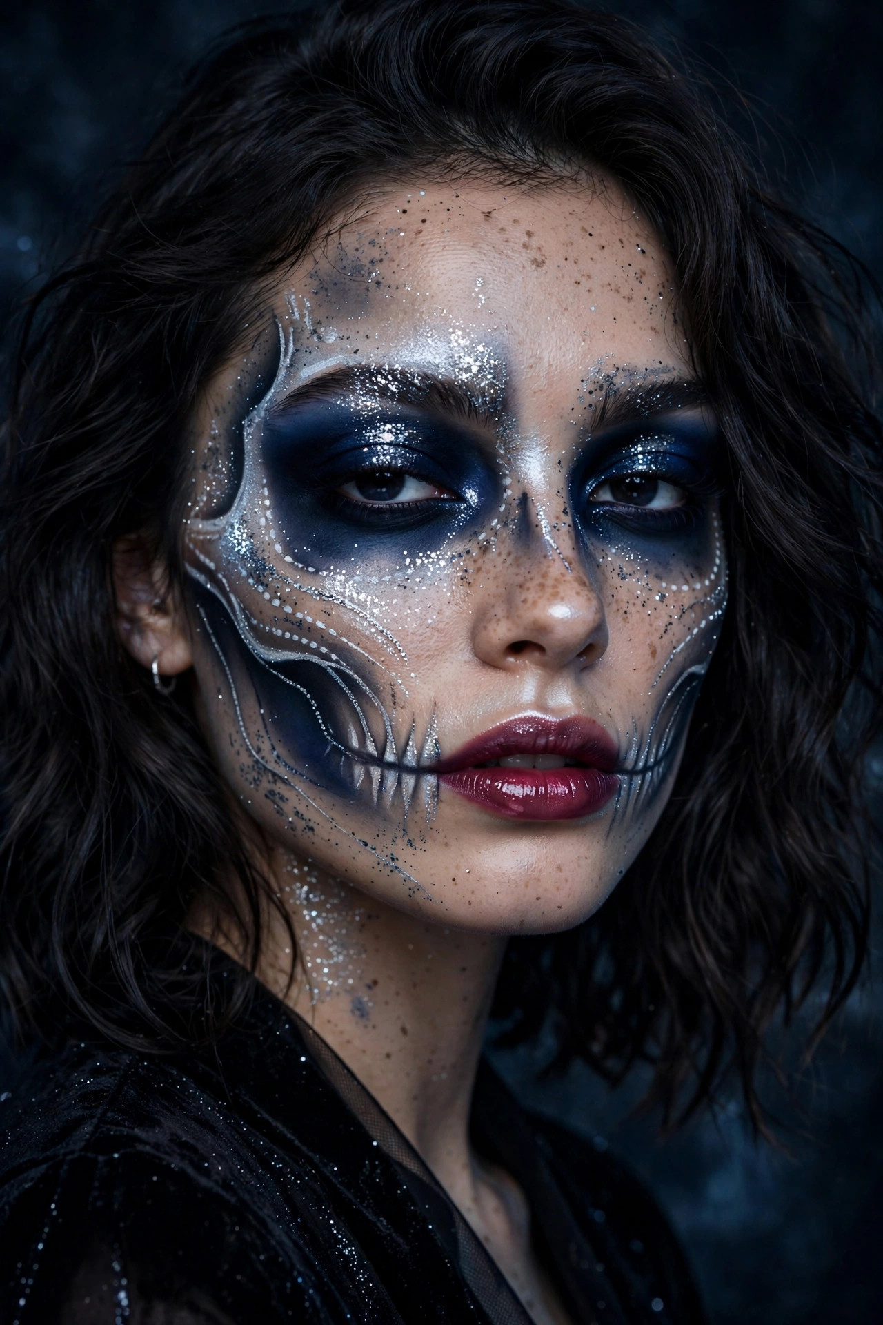 Woman with midnight blue glam skull Halloween makeup and silver accents