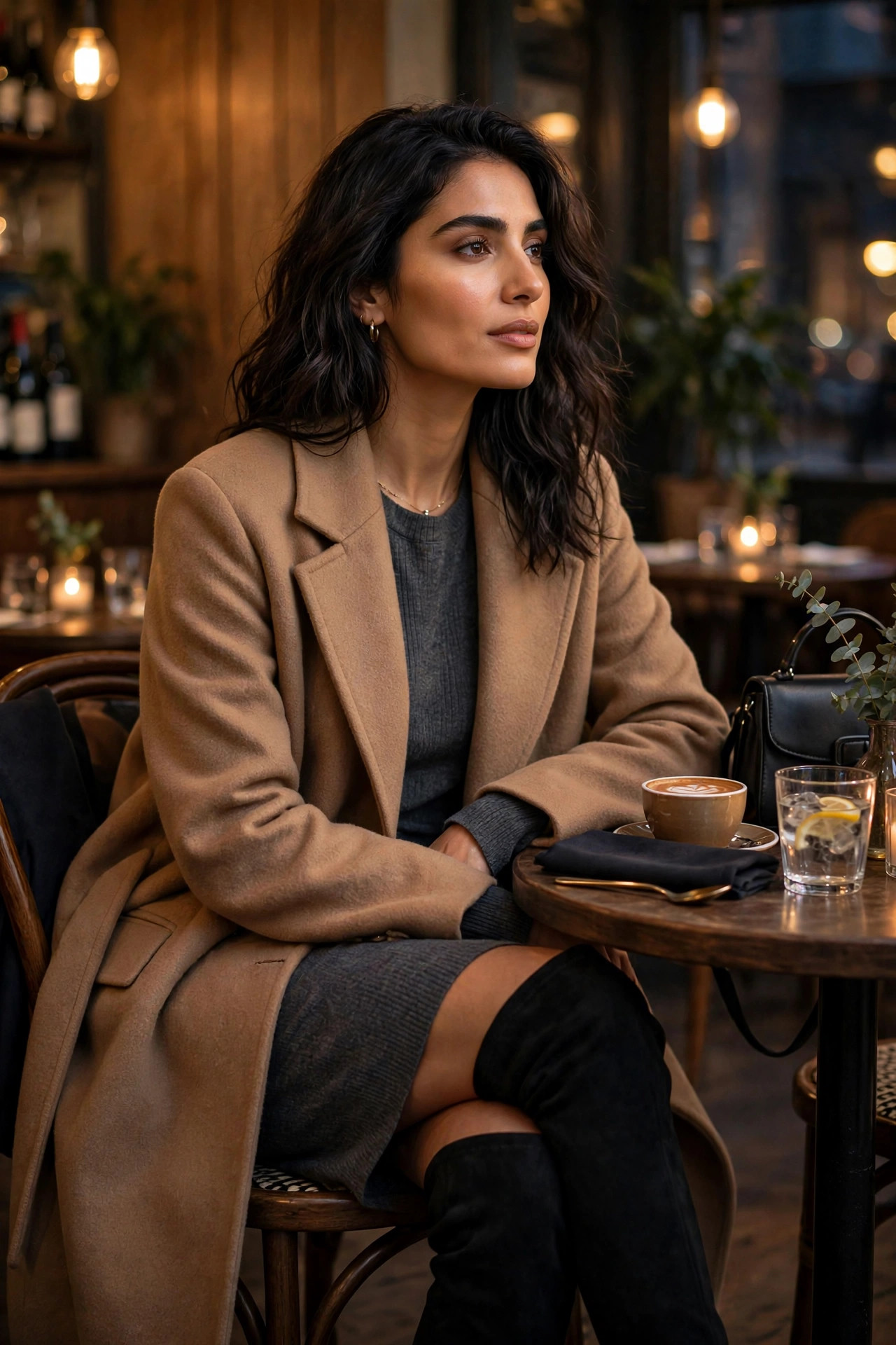 Woman with wavy dark hair in a long wool coat over a sweater dress with over-the-knee boots at a bistro in the evening