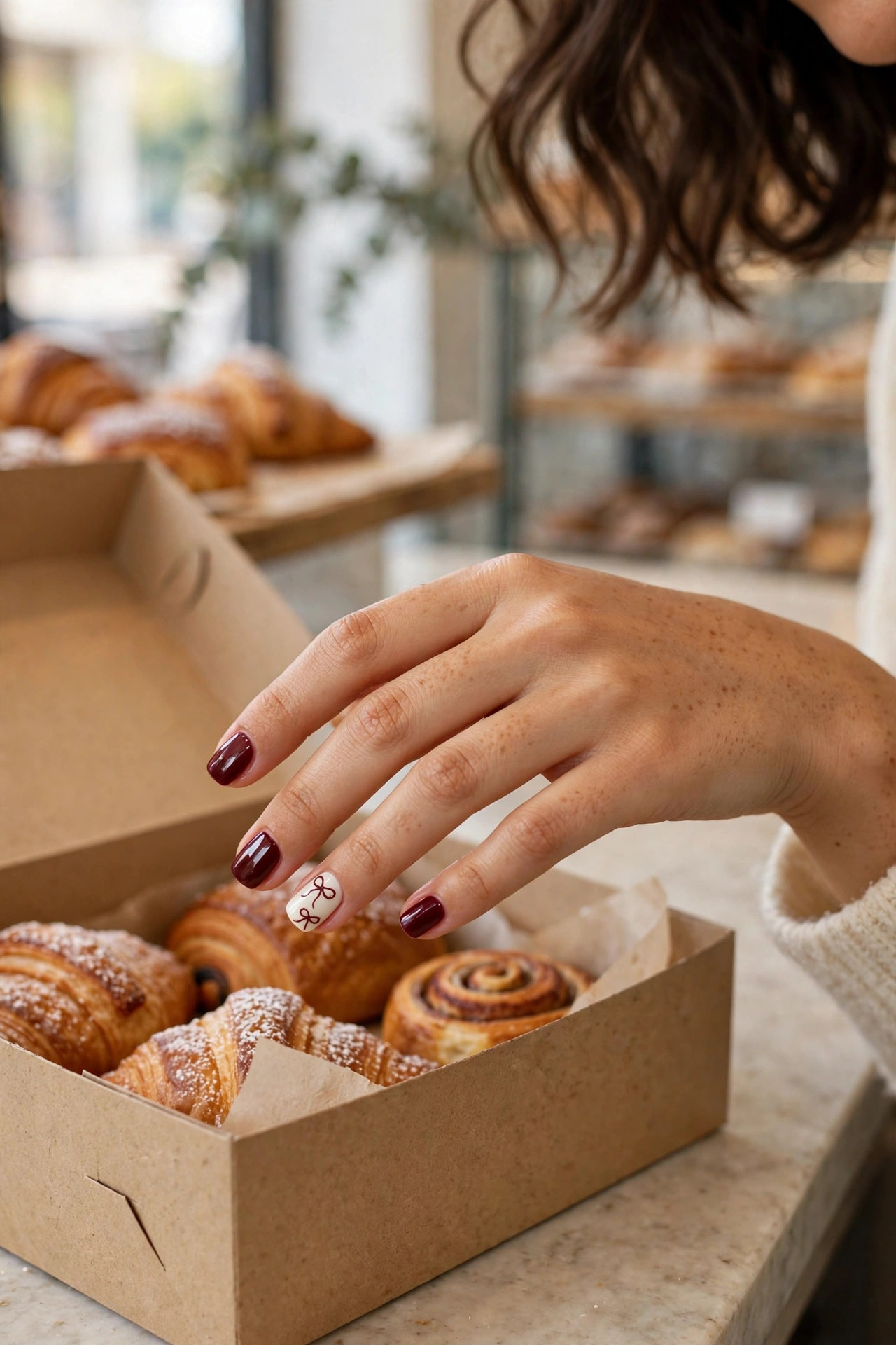 Short square nails in deep burgundy with hand-drawn burgundy bows on a cream base, hand near a pastry box