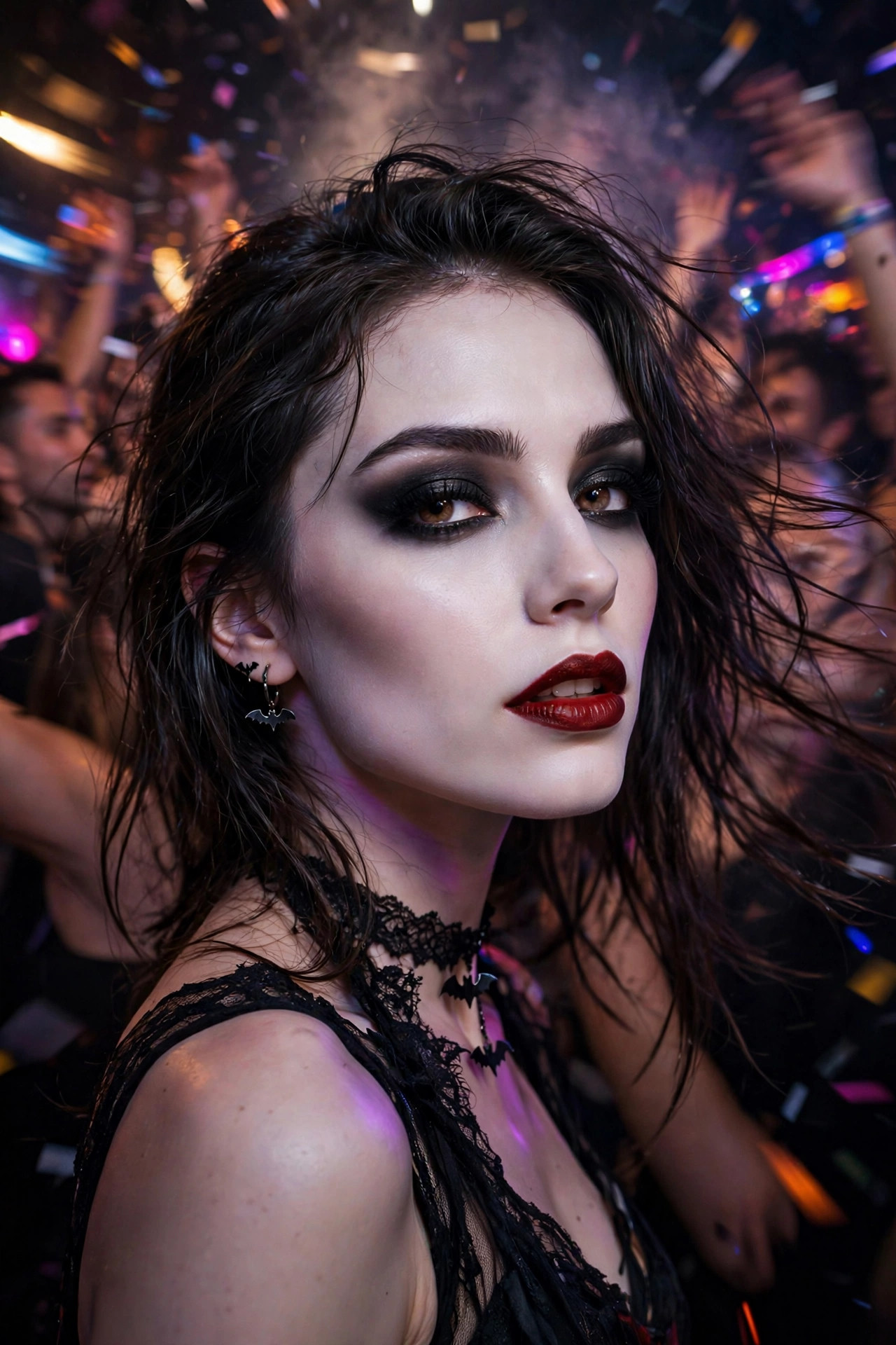 Woman with long-wear vampire makeup on a packed dance floor at a party
