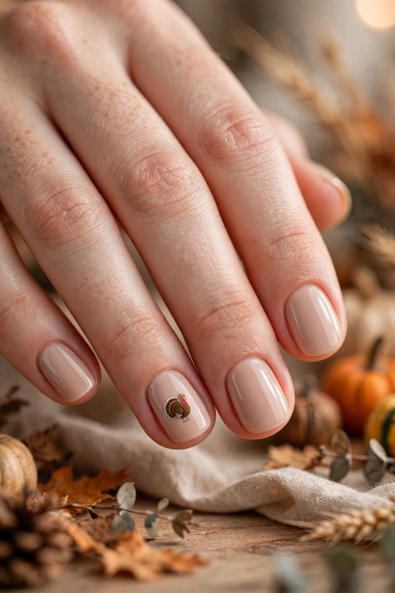 Short nude nails with a tiny hand-painted turkey on one accent nail