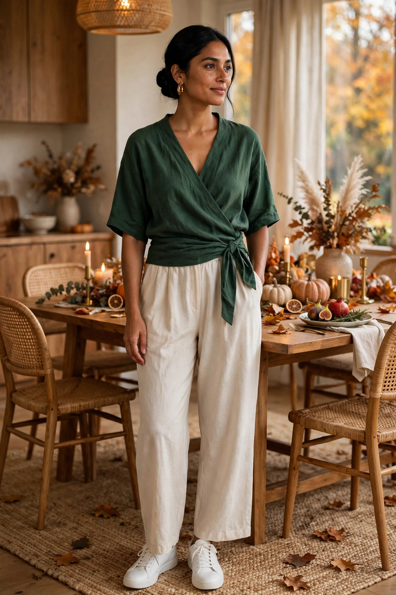 Woman in a wrap top with wide-leg trousers and sneakers in a dining room