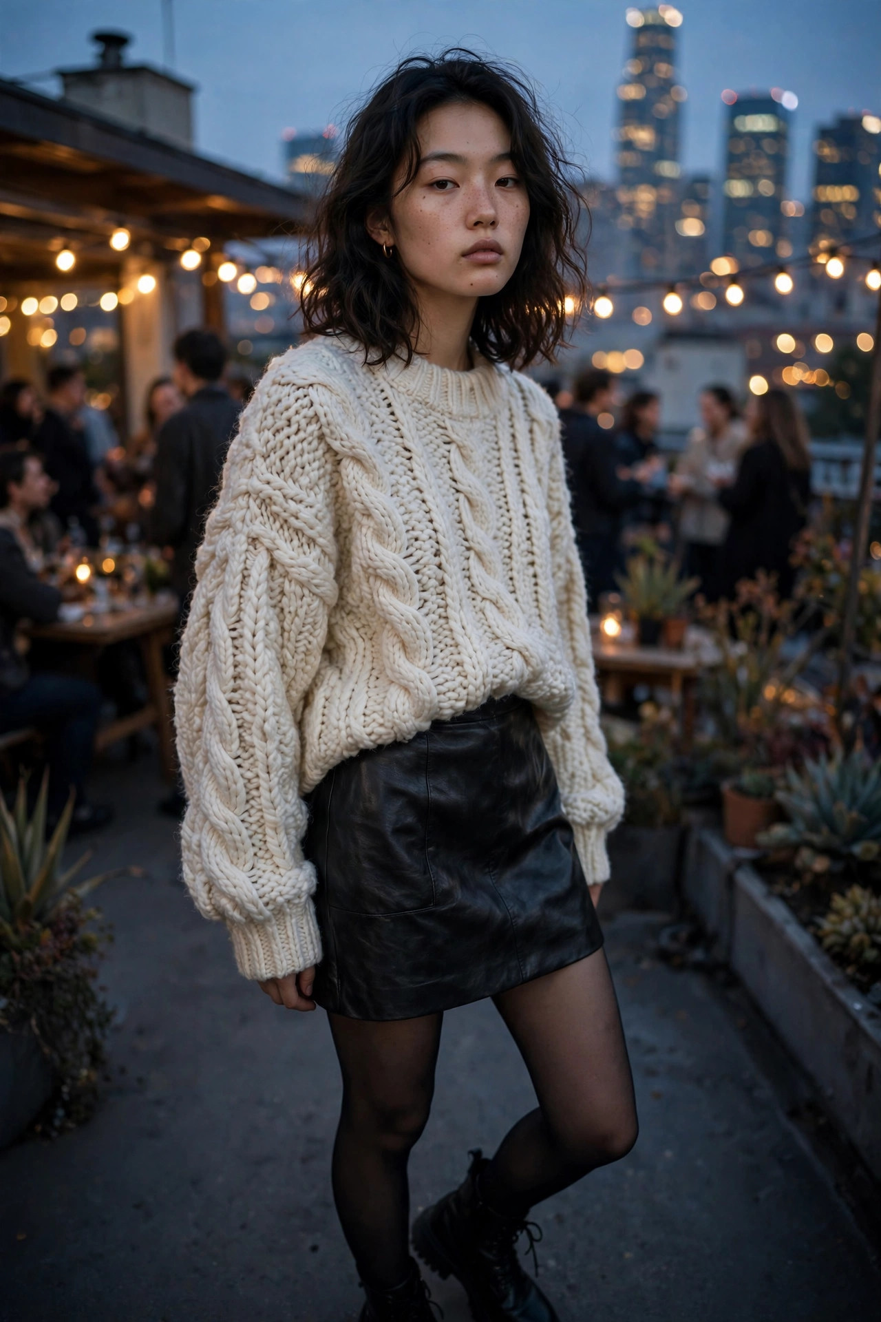 Young woman in a faux-leather mini skirt with an oversized sweater on a rooftop