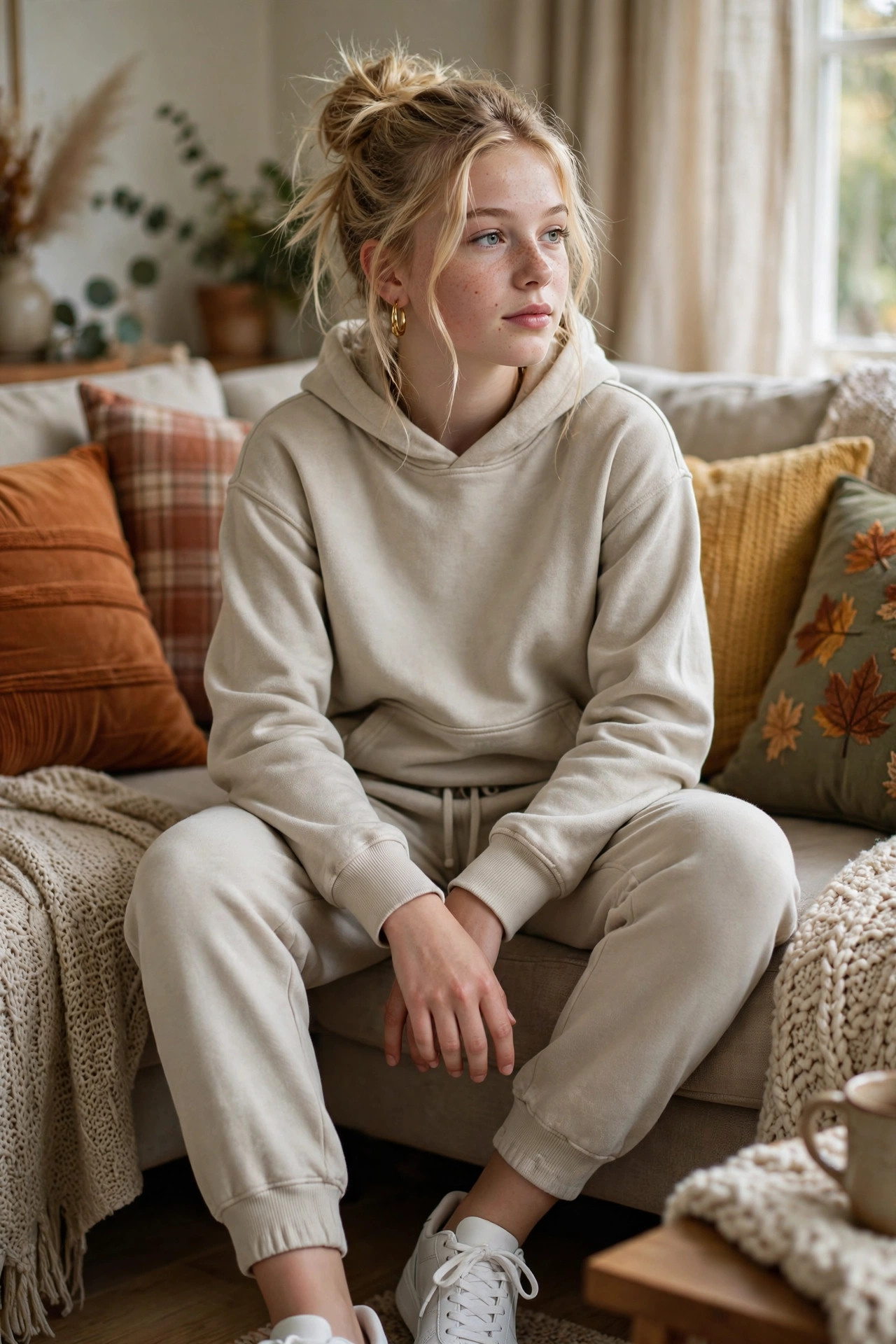 Teen girl in a tonal sweatsuit set with clean sneakers on a living room sofa