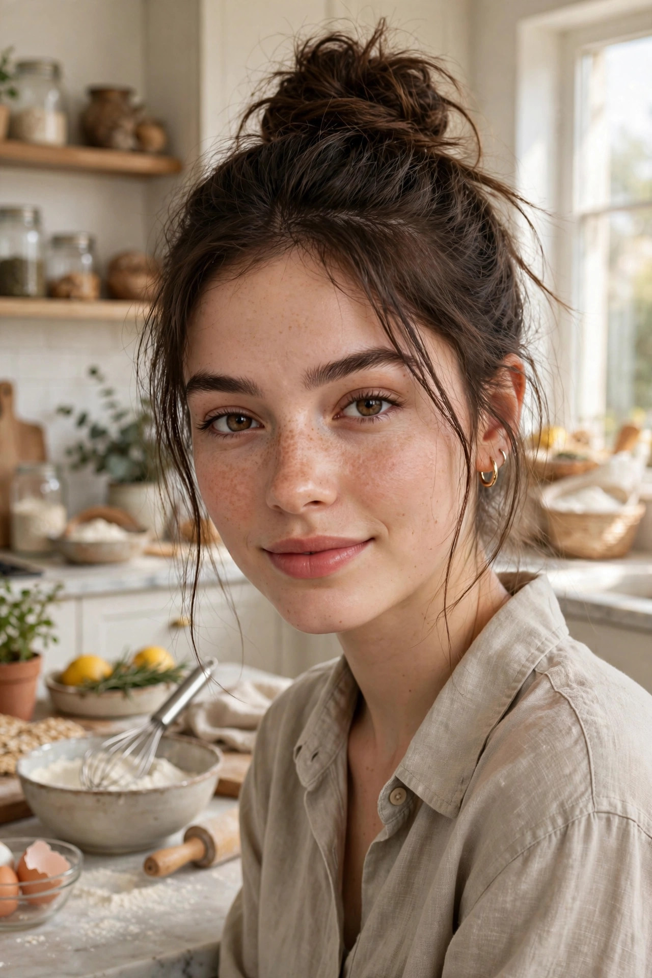 Young woman in her early 20s with dark hair in a messy top knot with face-framing strands in a kitchen baking scene